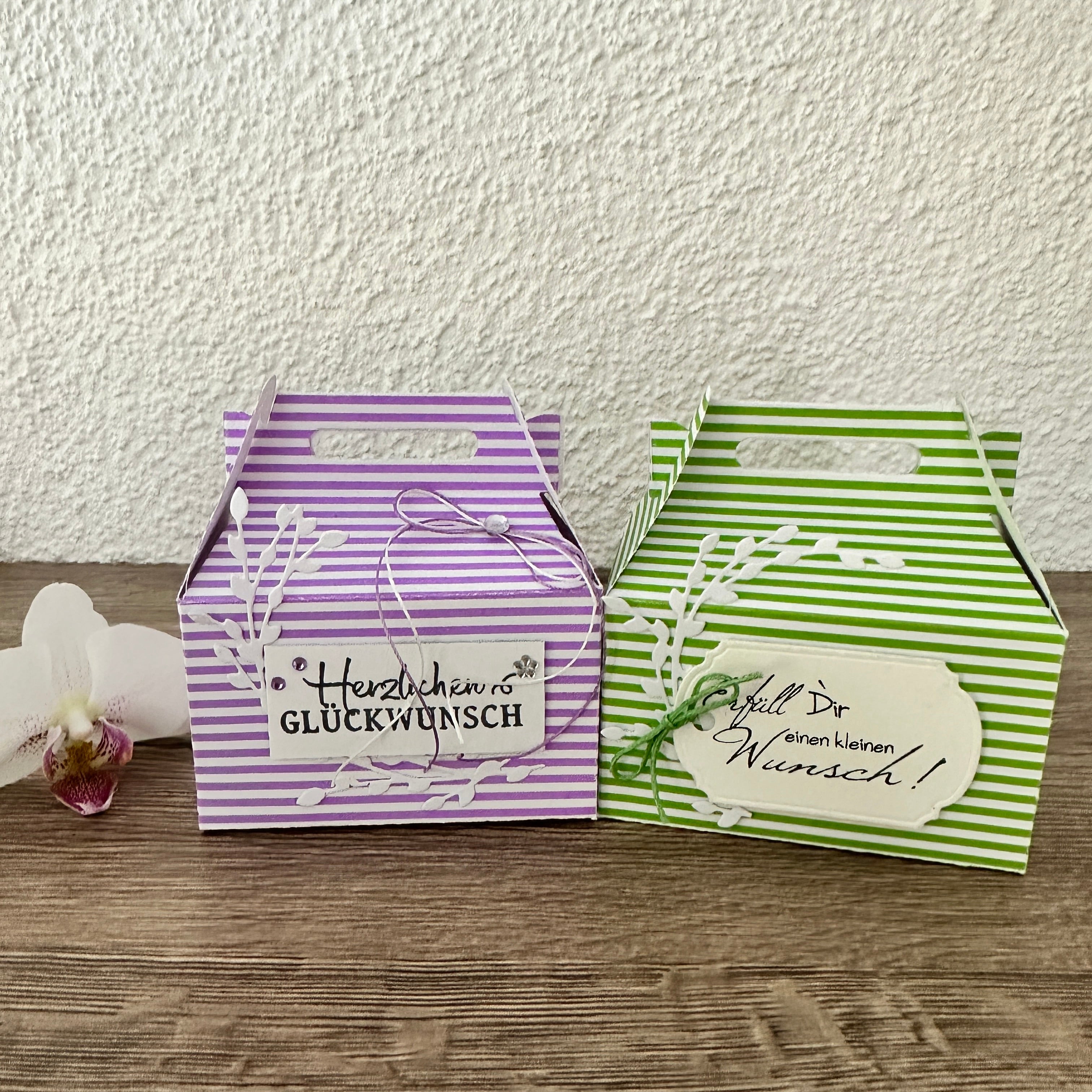 Zwei gestreifte Geschenkboxen aus der "Stanzschablone Große Schachtel" von Stanzenshop.de, in Lila und Grün mit dekorativen Anhängern und Blattwerk, sitzen auf einer Holzfläche neben einer weißen Orchidee - ideale Gastgeschenke für kreative Bastelfans.