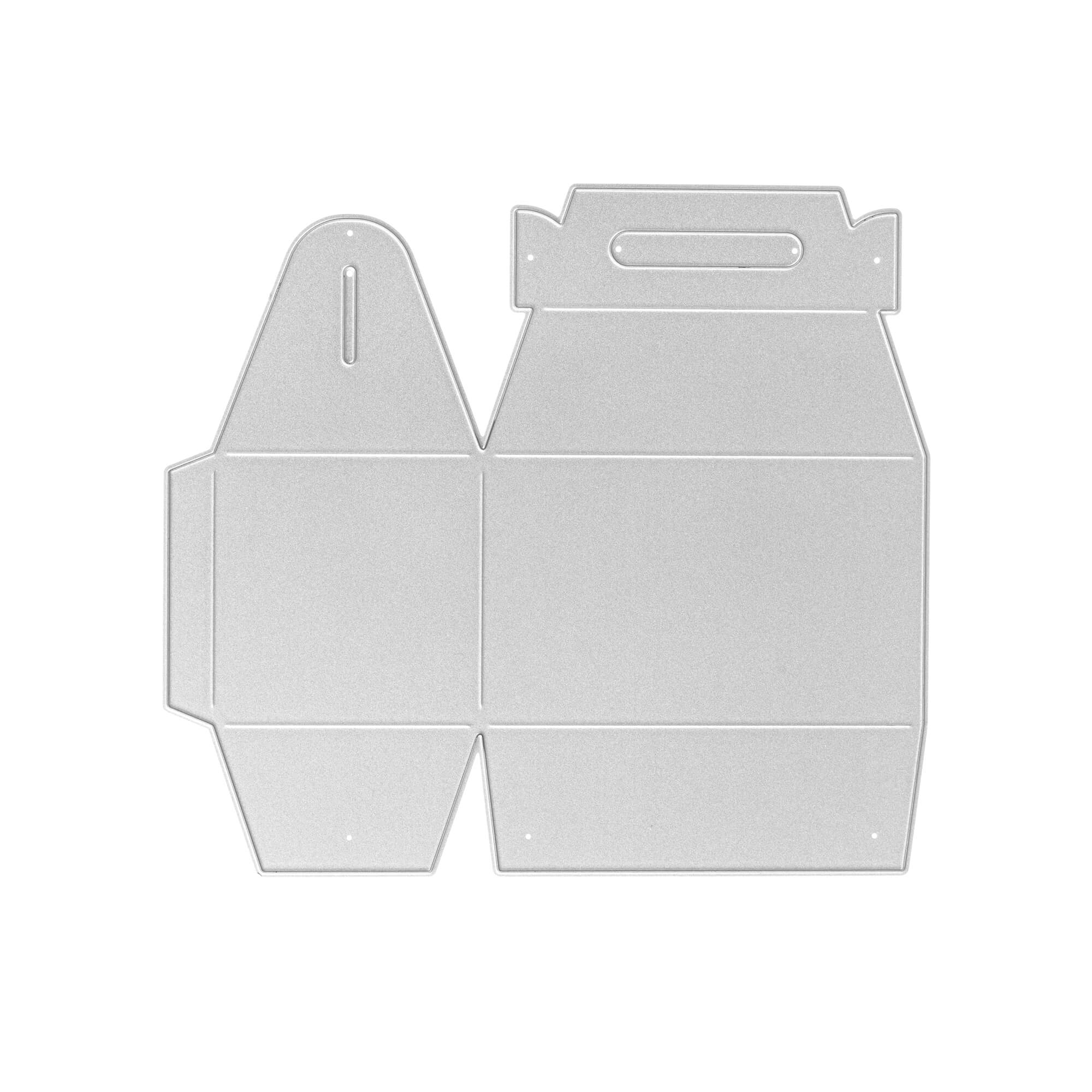 Die Stanzschablone Große Schachtel von Stanzenshop.de ist eine flache, ungefaltete weiße Pappschablone mit Schnitt-/Faltlinien, Laschen und Henkel - perfekt zum Basteln oder zum Erstellen von einzigartigen Gastgeschenke-Schachteln.