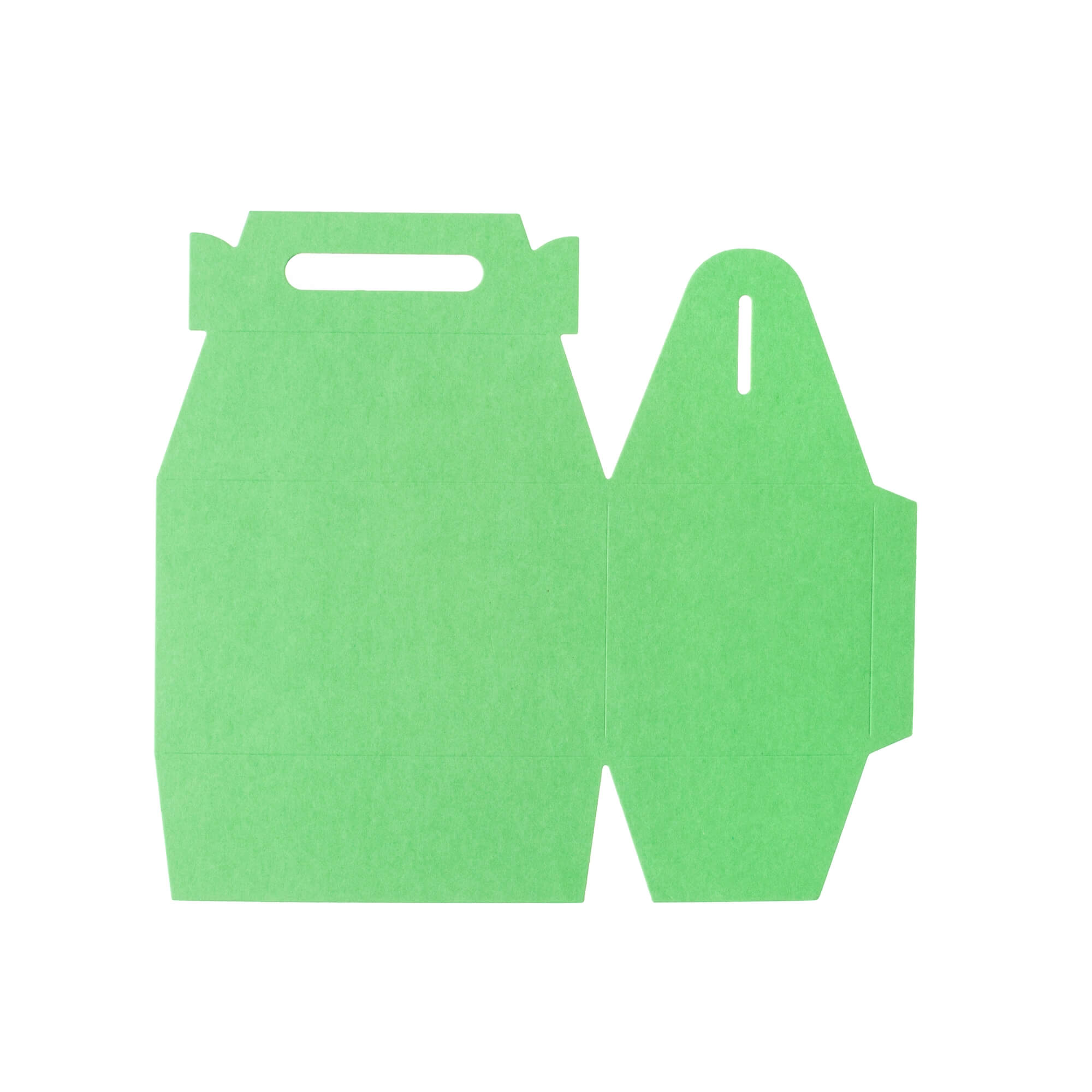 Flachlegung der "Stanzschablone Große Schachtel" von Stanzenshop.de, einer grünen Kartonschablone zum Zusammenbau einer kleinen Schachtel mit Henkel - ideal für Basteln und einzigartige Gastgeschenke.