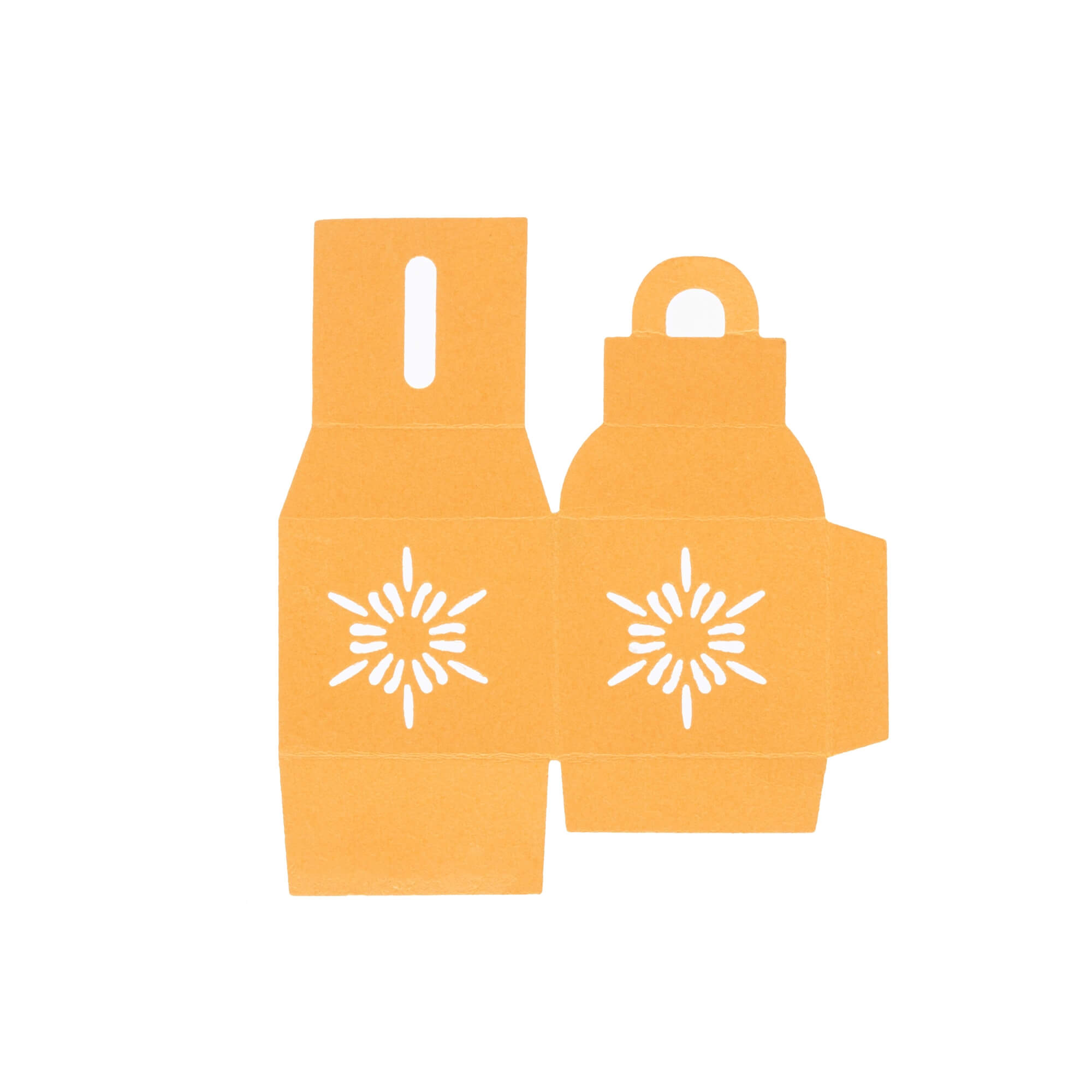 Flat-Lay von "Stanzschablone: Schachtel mit Prägung" von Stanzenshop.de, eine orangefarbene Papierlaternen-Vorlage mit Blumenausschnitten - ideal für Schachtel basteln oder als Stanzschablone für kreative Gastgeschenke. Einfach falten und zusammensetzen.