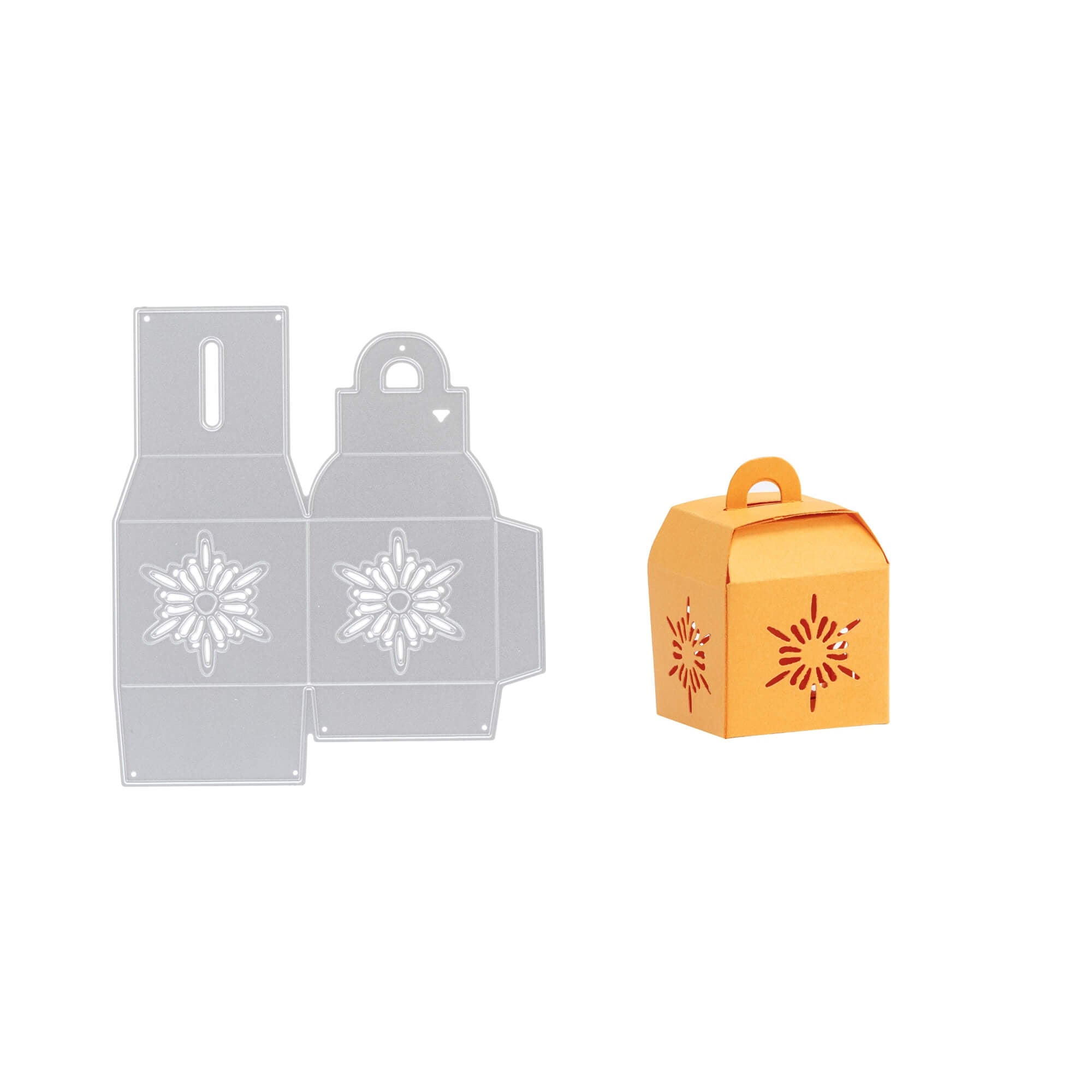 Die Stanzschablone: Schachtel mit Prägung von Stanzenshop.de ist mit einem floralen Muster versehen und wird mit einer orangefarbenen Pappschachtel gezeigt, ideal zum Schachtel basteln oder zum Basteln von bezaubernden Gastgeschenken mit passenden Ausschneidemotiven.