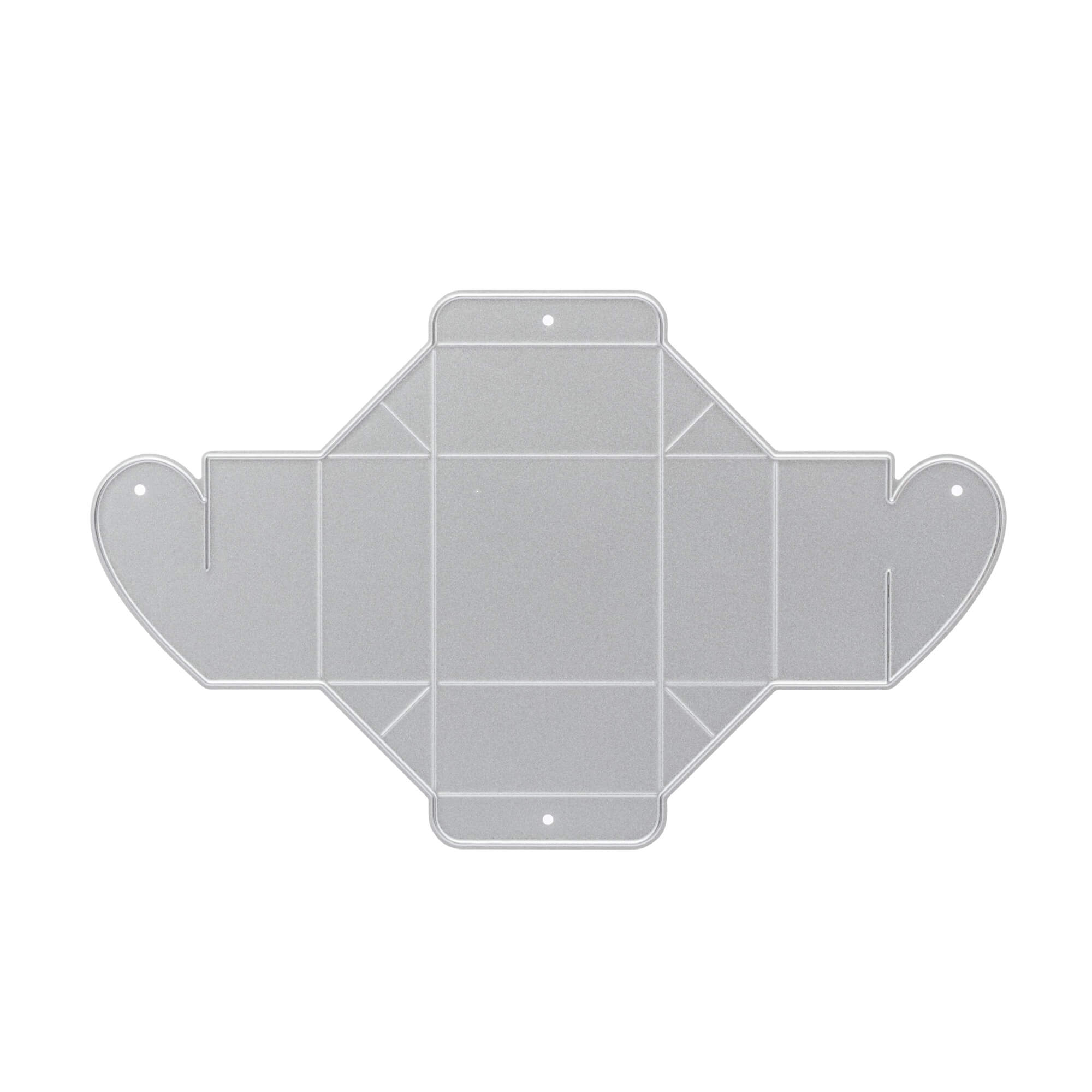 Die Stanzschablone: Schachtel in Herzform von Stanzenshop.de ist eine flache silberne Stanzschablone mit vorgeritzten Linien, flügelförmigen Seiten und runden Löchern - ideal zum Basteln oder zum Falten in herzförmige Schachteln.