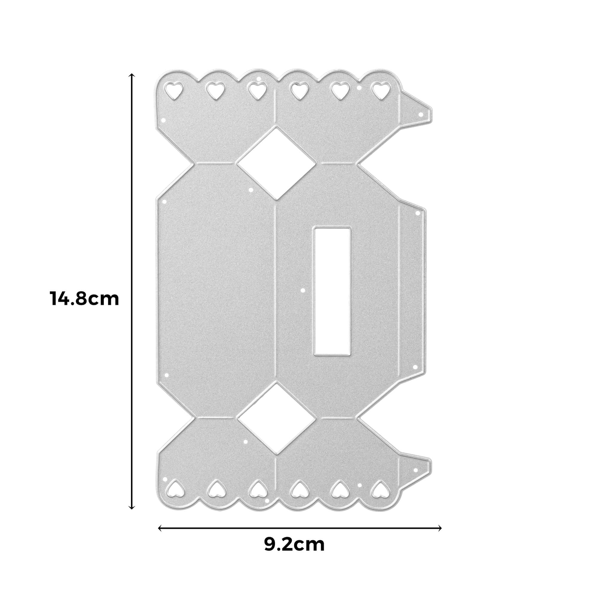 Die Stanzschablone Schachtel in Bonbonform von Stanzenshop.de ist eine silberne rechteckige Stanzform mit Herzdetails, ideal für Schachtel Basteln oder Gastgeschenke, und misst 14,8 cm hoch und 9,2 cm breit.