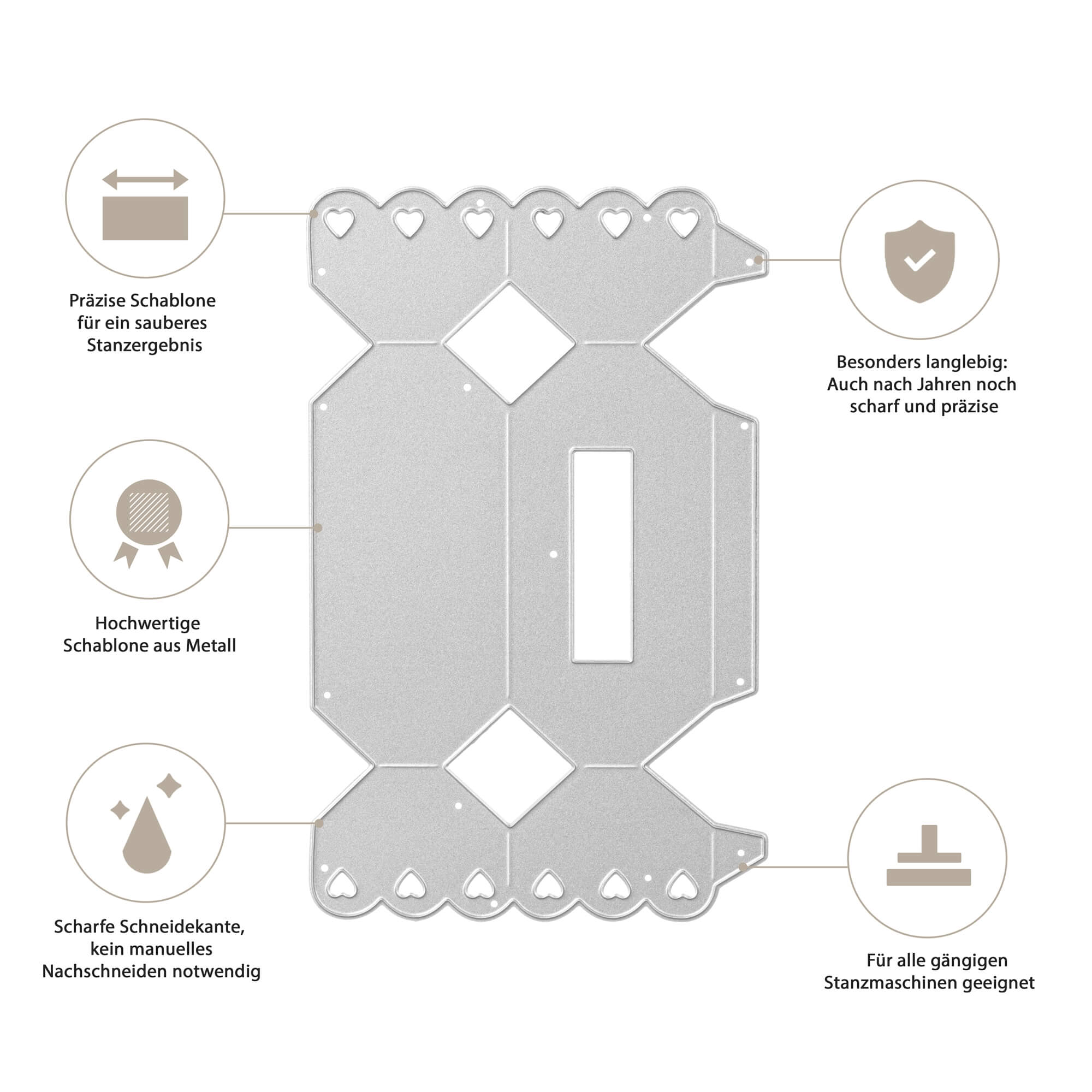 Stanzschablone Schachtel in Bonbonform von Stanzenshop.de: Silberne Metalldie mit Herzrand, ideal für Schachtel Basteln oder Gastgeschenke. Präzise, langlebig, scharf und passend für Standardmaschinen.