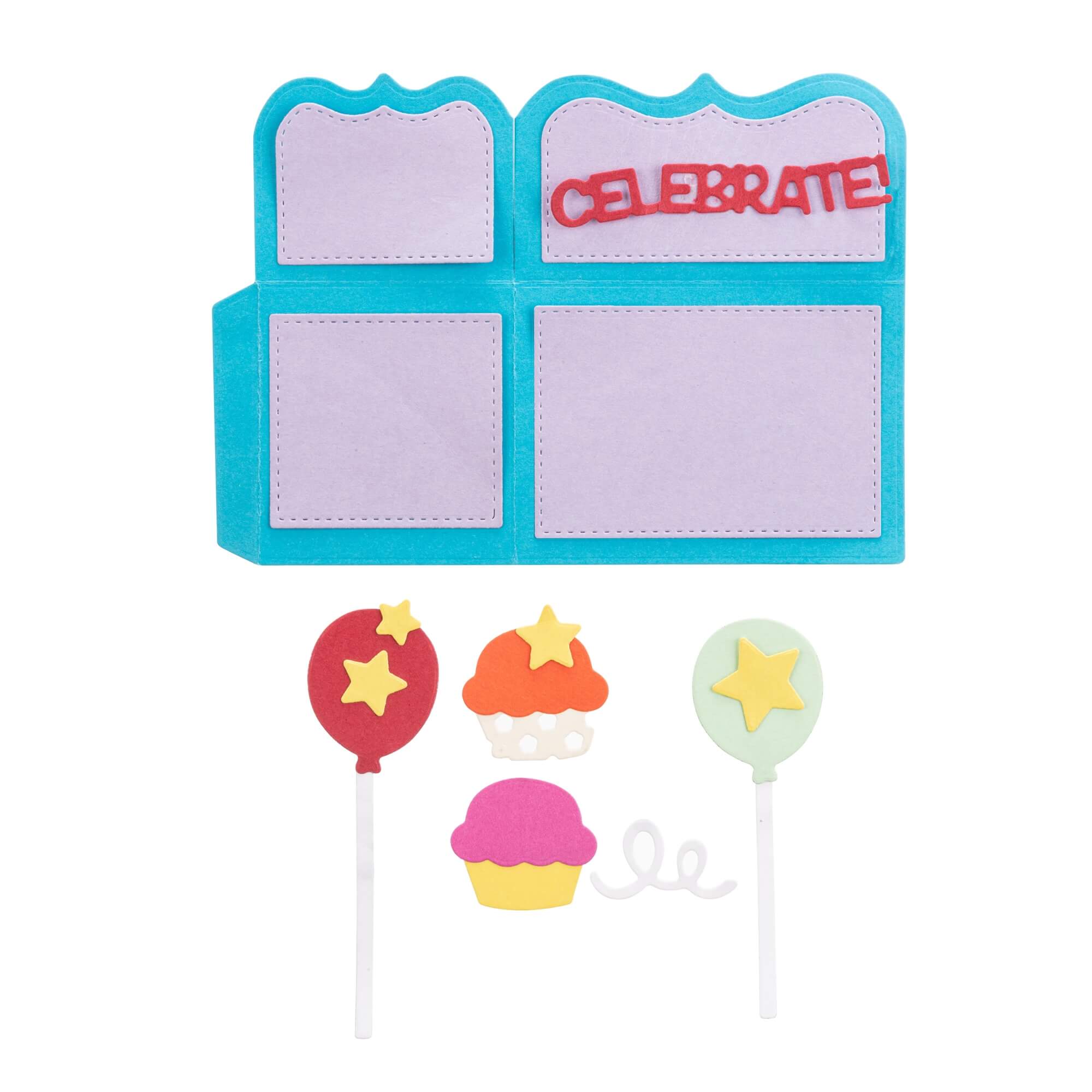Die Stanzenshop.de Stanzschablone Pop up Karte kreiert einen blauen und lila Organizer mit "CELEBRATE!"-Text, zwei Cupcakes und Ballondekorationen - perfekt als buntes Bastelergebnis für jede Party oder Pop up Kartendisplay.