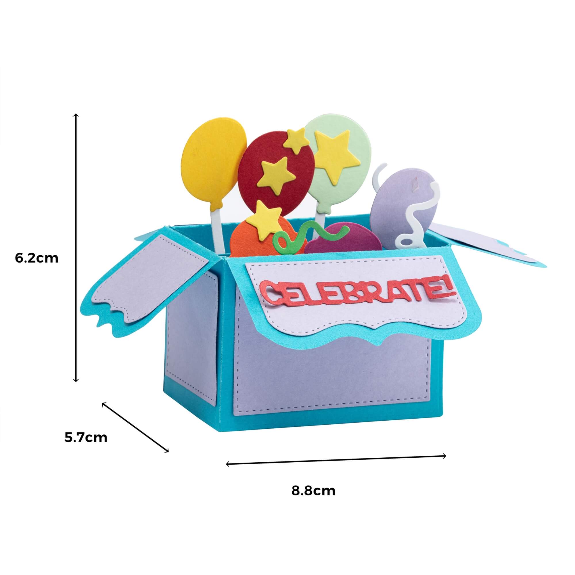 Die Stanzschablone Pop up Karte von Stanzenshop.de zeigt "CELEBRATE!" und Luftballons in den Maßen 8,8cm x 6,2cm x 5,7cm - eine farbenfrohe Kreation für jeden Anlass.