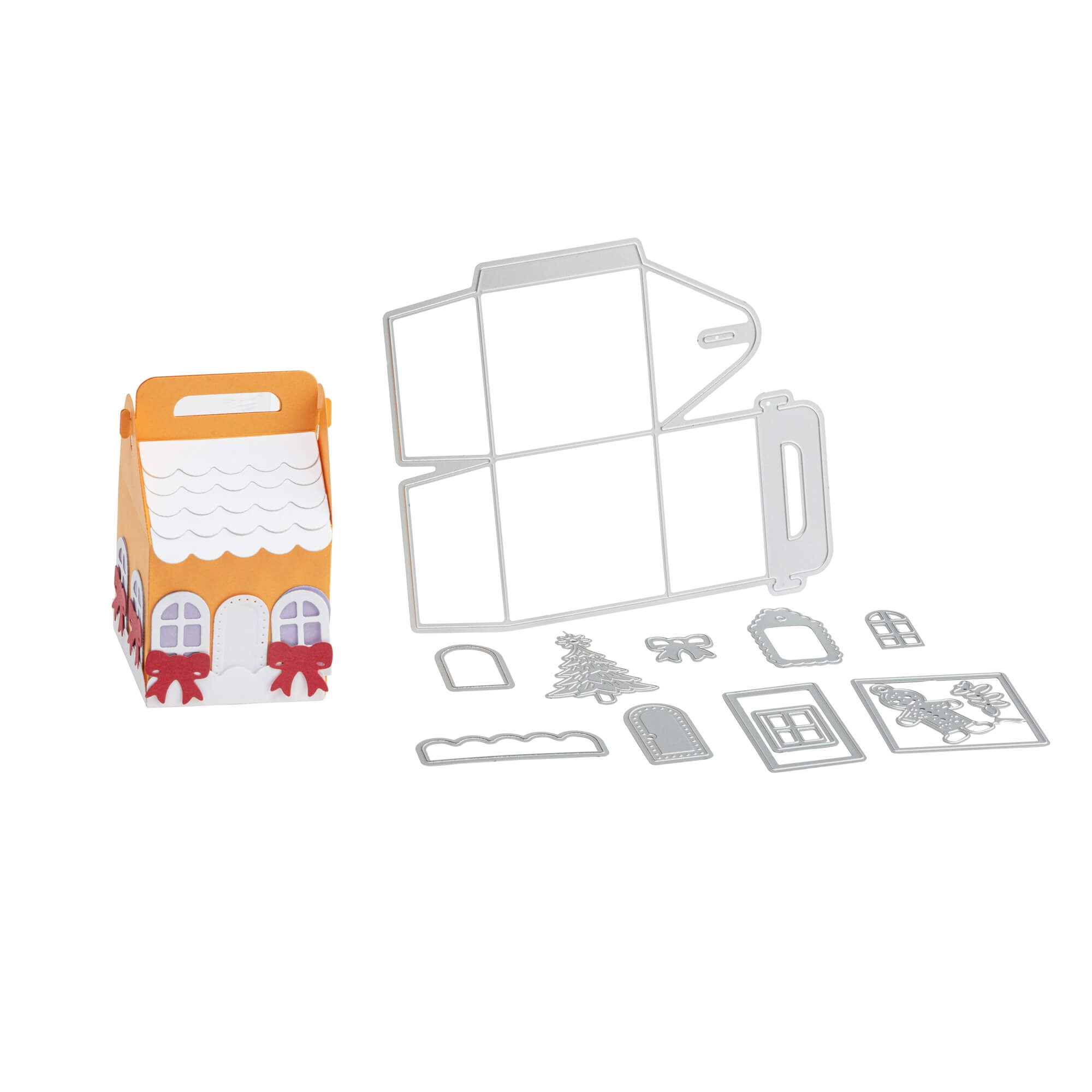 Das Stanzenshop.de Stanzschablone Bastelset für eine Schachtel mit winterlichen Motiven enthält Metallschablonen für Türen, Fenster und Deko - ideal zum Geschenkschachtel basteln an Weihnachten.