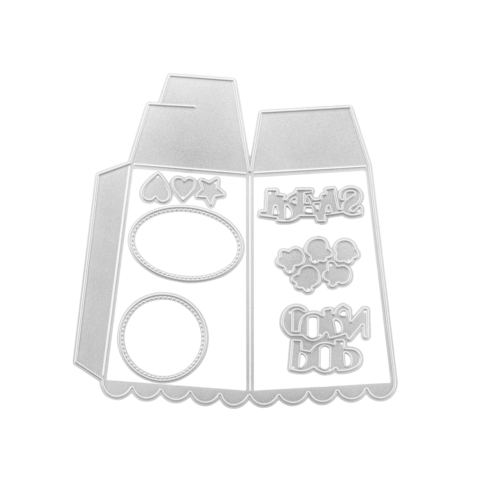 Die Stanzschablone Popcornschachtel von Stanzenshop.de stanzt eine Schachtel mit Herz-, Stern-, Wolken- und Ovalformen plus Text und Wellenkanten aus - ideal für Gastgeschenke bei Hochzeiten oder kreative Basteln Schachteln.