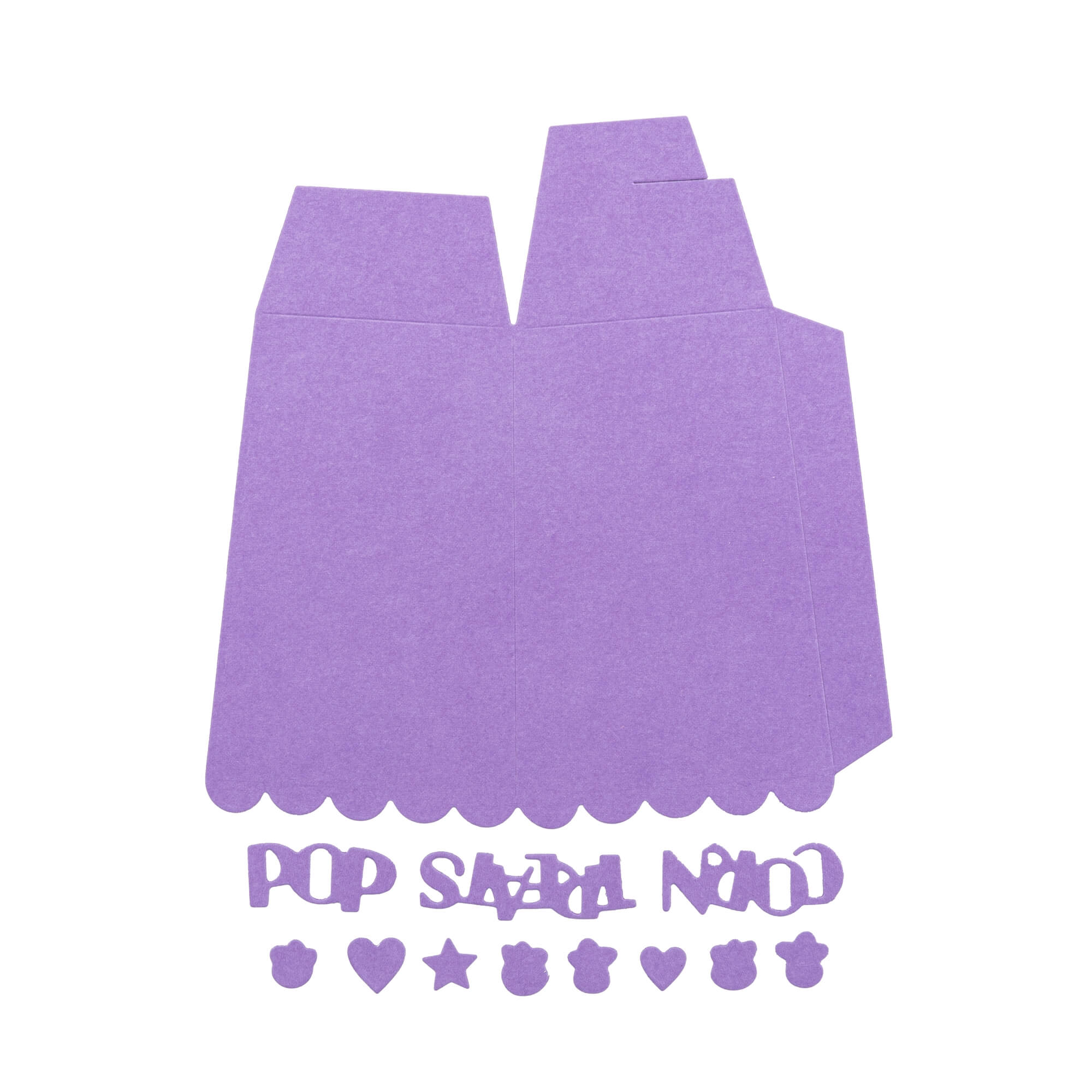 Eine flache, aufgeklappte lila Stanzschablone Popcornschachtel von Stanzenshop.de mit gewellten Kanten und ausgestanzten Buchstaben, Herzen, Sternen und Bären - ideal für Gastgeschenke Hochzeit und besondere Partys.