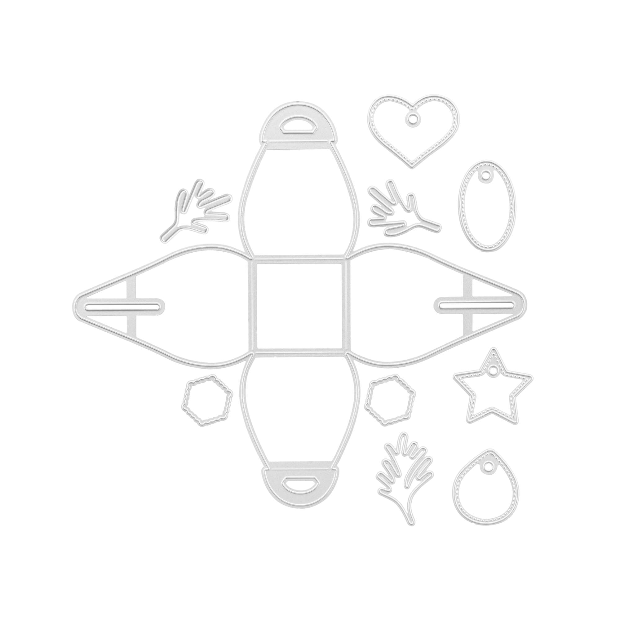 Flache Stanzschablonen von Stanzenshop.de, darunter die Stanzschablone Schmuckkästchen mit Schachtelkontur, Herzen, Sterne, Sechsecke, Ovale, Zweige und Anhänger - ideal zum Basteln von Geschenkschachteln oder Schmuckkästchen.