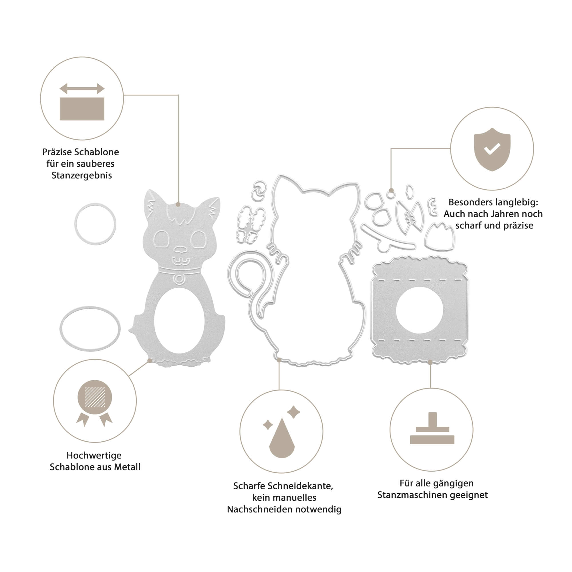 Die Stanzschablone Aufsteller Katze von Stanzenshop.de überzeugt mit Präzision, Langlebigkeit und Kompatibilität. Ideal zum Basteln kreativer Projekte, eignet sie sich perfekt als Katzen-Aufsteller und Zubehör für gängige Maschinen.