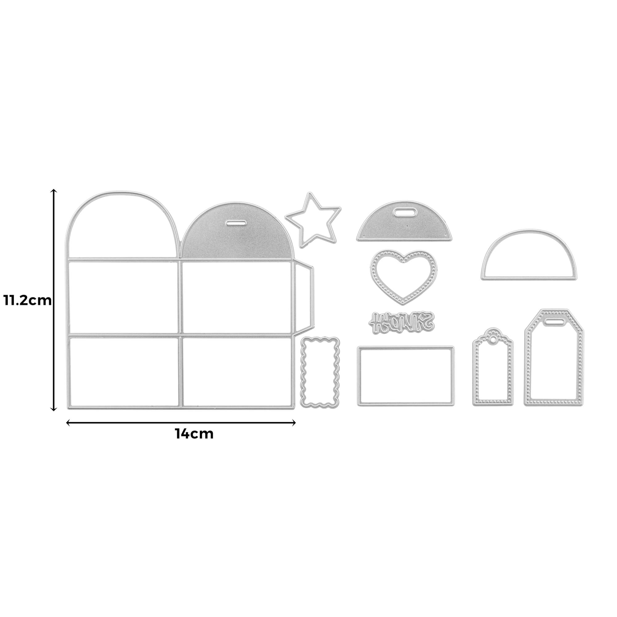 Die Stanzschablone Quadratische Schachtel mit Verzierungen von Stanzenshop.de bietet Formen wie Rechteck, Stern, Herz, Tag und Halbkreis - ideal für quadratische Schachteln. Maße: 14 cm x 11,2 cm.