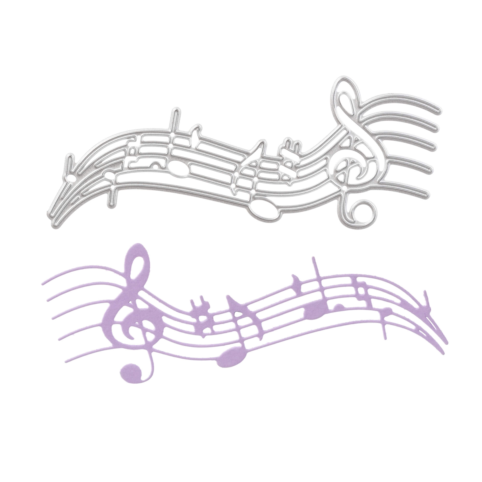 Zwei Notensysteme - eines in Silbermetallic, eines in Hellviolett - mit Noten und Violinschlüssel auf Weiß. Ideal für Scrapbooking oder zur Verwendung mit Ihrer Stanzschablone: Geschwungene Notenzeile von Stanzenshop.de.