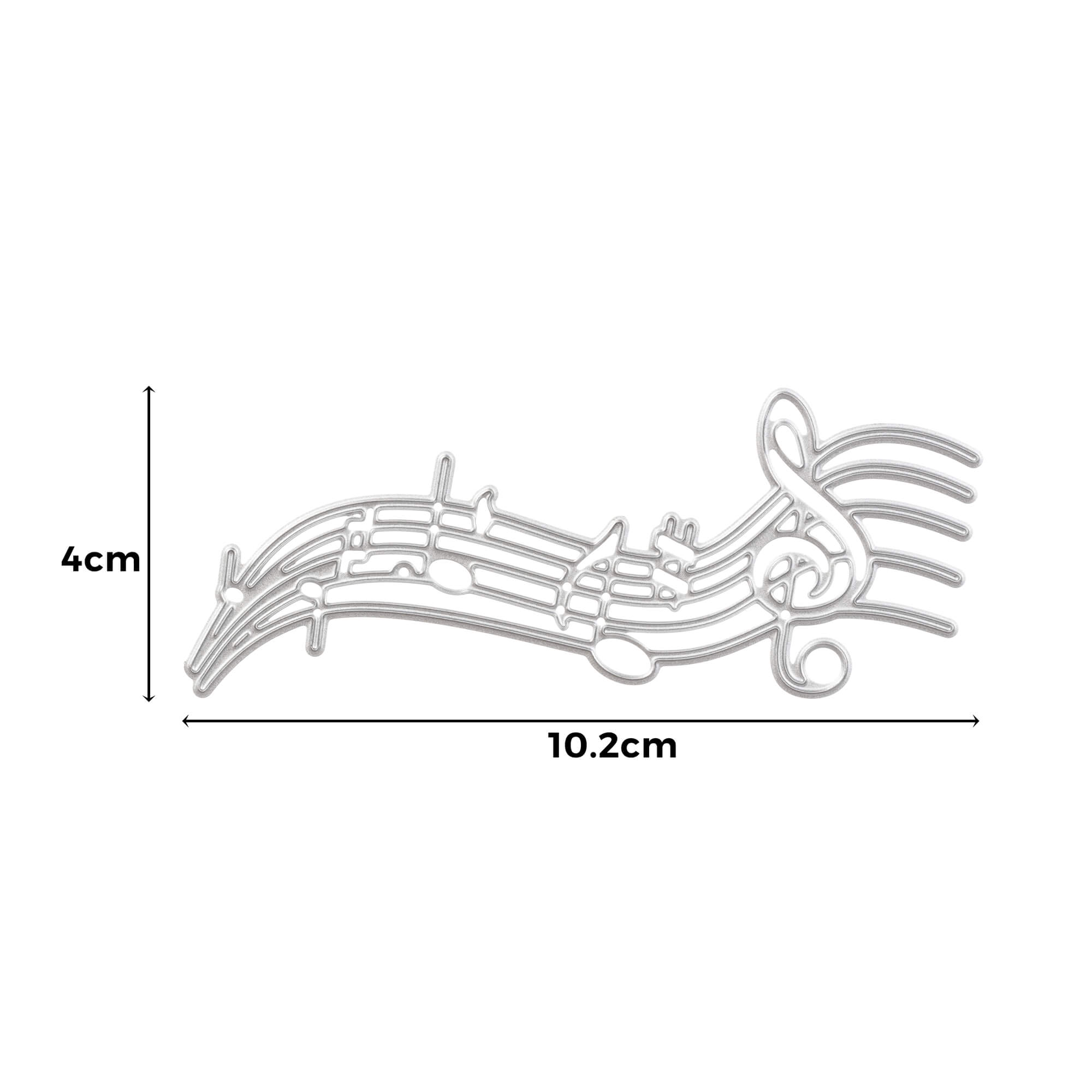 Die Stanzenshop.de Stanzschablone: Geschwungene Notenzeile ist eine silberne Metallstanze als Notensystem mit Noten und Violinschlüssel (4 x 10,2 cm), ideal für Scrapbooking und passt perfekt in Ihre Stanzmaschine.