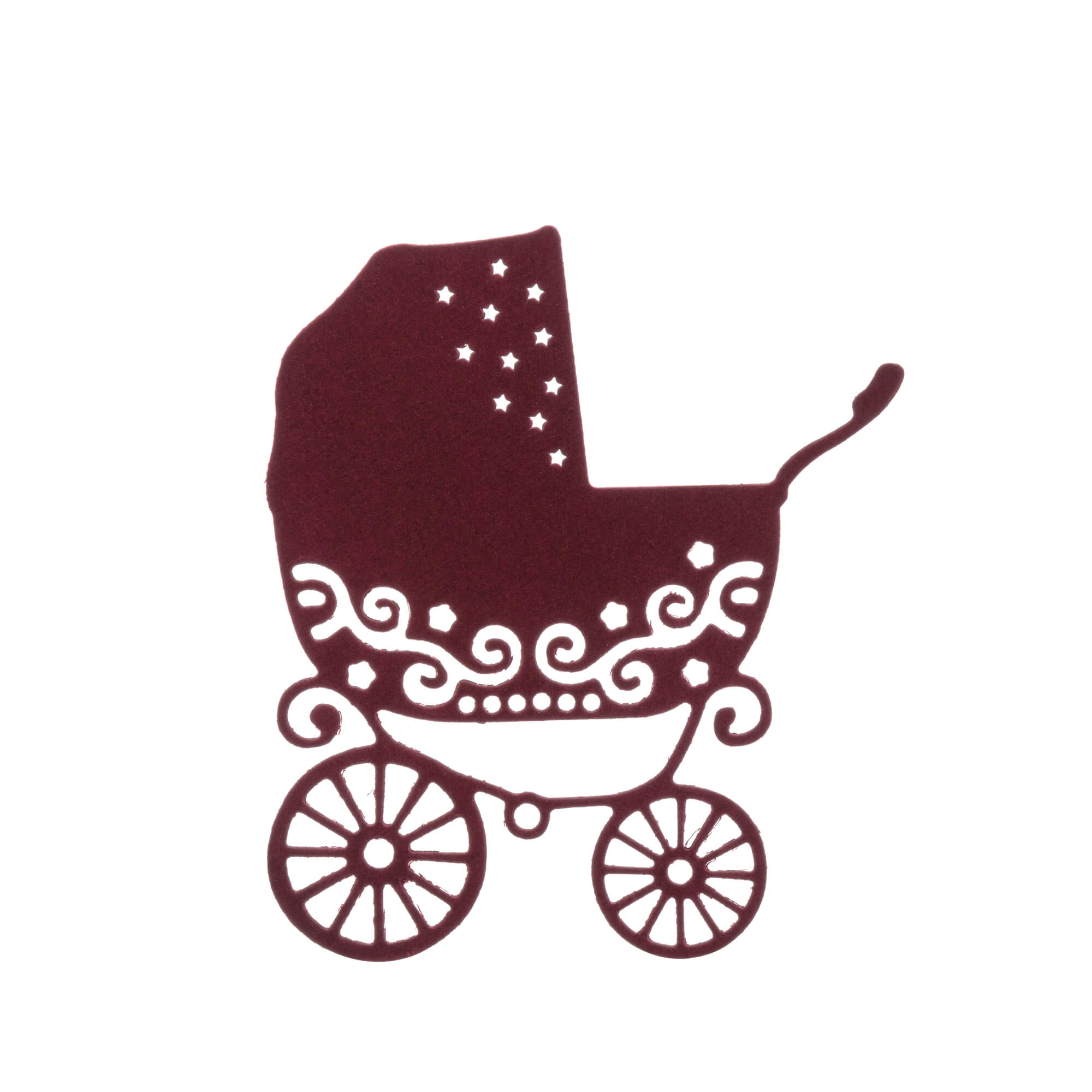 Die Stanzschablone: Kinderwagen von Stanzenshop.de zeigt einen Kinderwagen im Vintage-Stil mit verschlungenen Mustern und Sternenmotiven in tiefem Burgunderrot - ideal für Scrapbooking oder als einzigartiges Stanzmotiv.