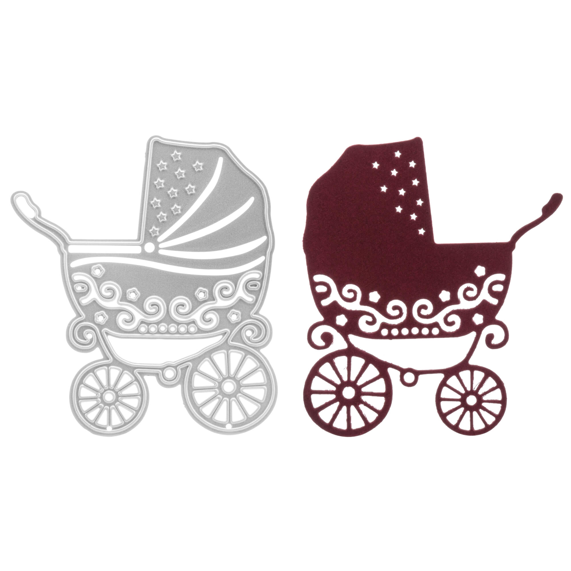 Die Stanzschablone: Kinderwagen von Stanzenshop.de enthält zwei Ausschnitte - einen silbernen und einen kastanienbraunen - mit komplizierten Rad-, Baldachin- und Sterndetails, die sich perfekt für Cardmaking- oder Scrapbooking-Projekte eignen.