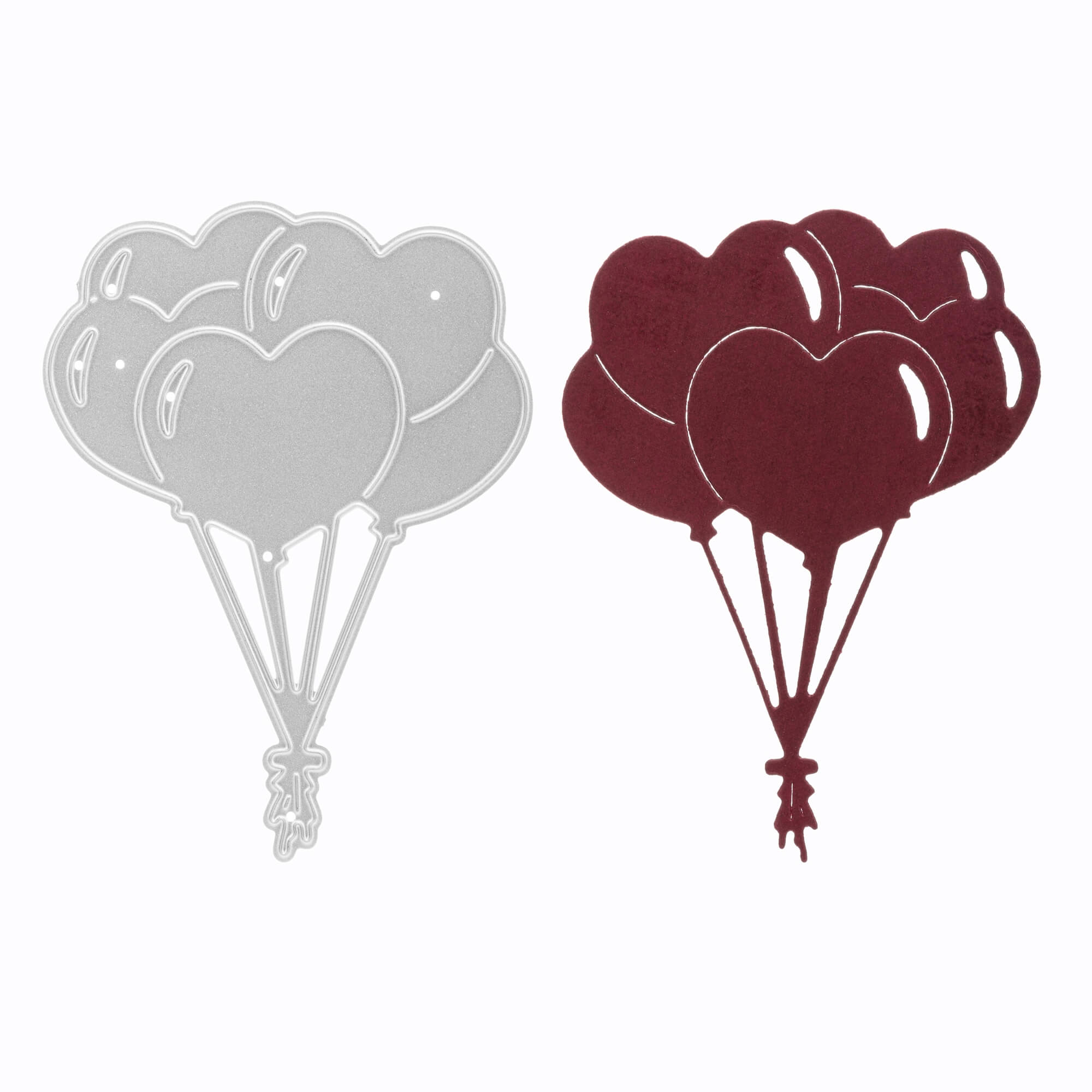 Die Stanzenshop.de Stanzschablone: Bund Luftballons in Herzform und der dazugehörige Papierausschnitt, beide in Form einer Ansammlung von Herzluftballons, sind nebeneinander auf weißem Hintergrund zu sehen.