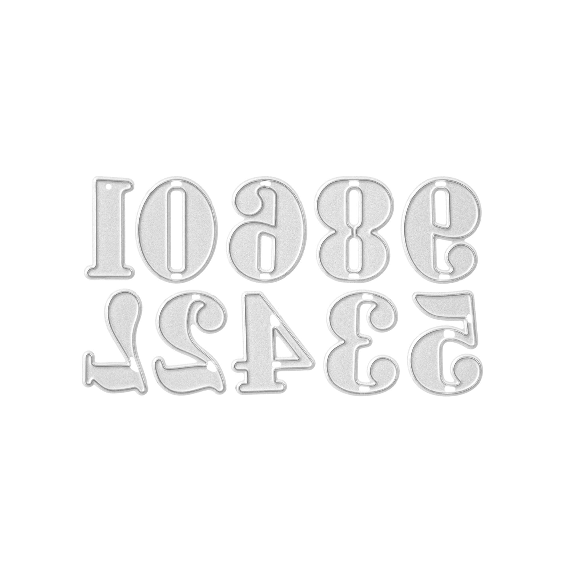 Das Stanzenshop.de Stanzschablone: Zahlen 0 - 9 Set zeigt Zahlenschablonen aus Metall von 0 bis 9, die auf dem Kopf stehend auf einem weißen Hintergrund angeordnet sind - ideal zum Basteln oder für Scrapbooking-Projekte.