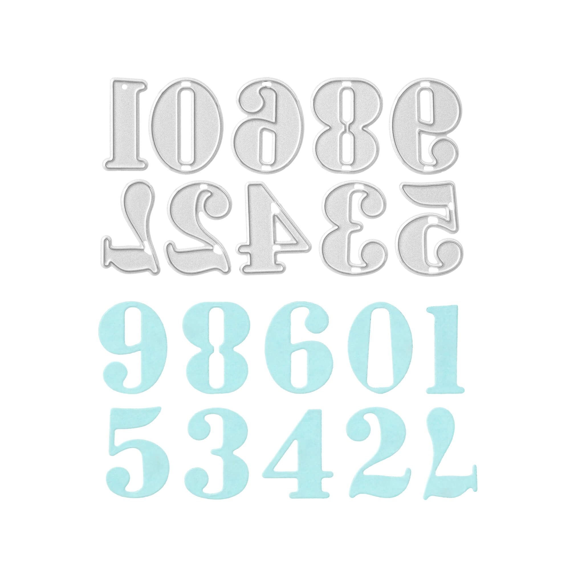 Die Stanzschablone: Zahlen 0 - 9 von Stanzenshop.de verfügt über metallische Zahlenschablonen und blaue ausgeschnittene Ziffern 0-9 in einer fetten Schrift - ideal für Scrapbooking oder Basteln Projekte.