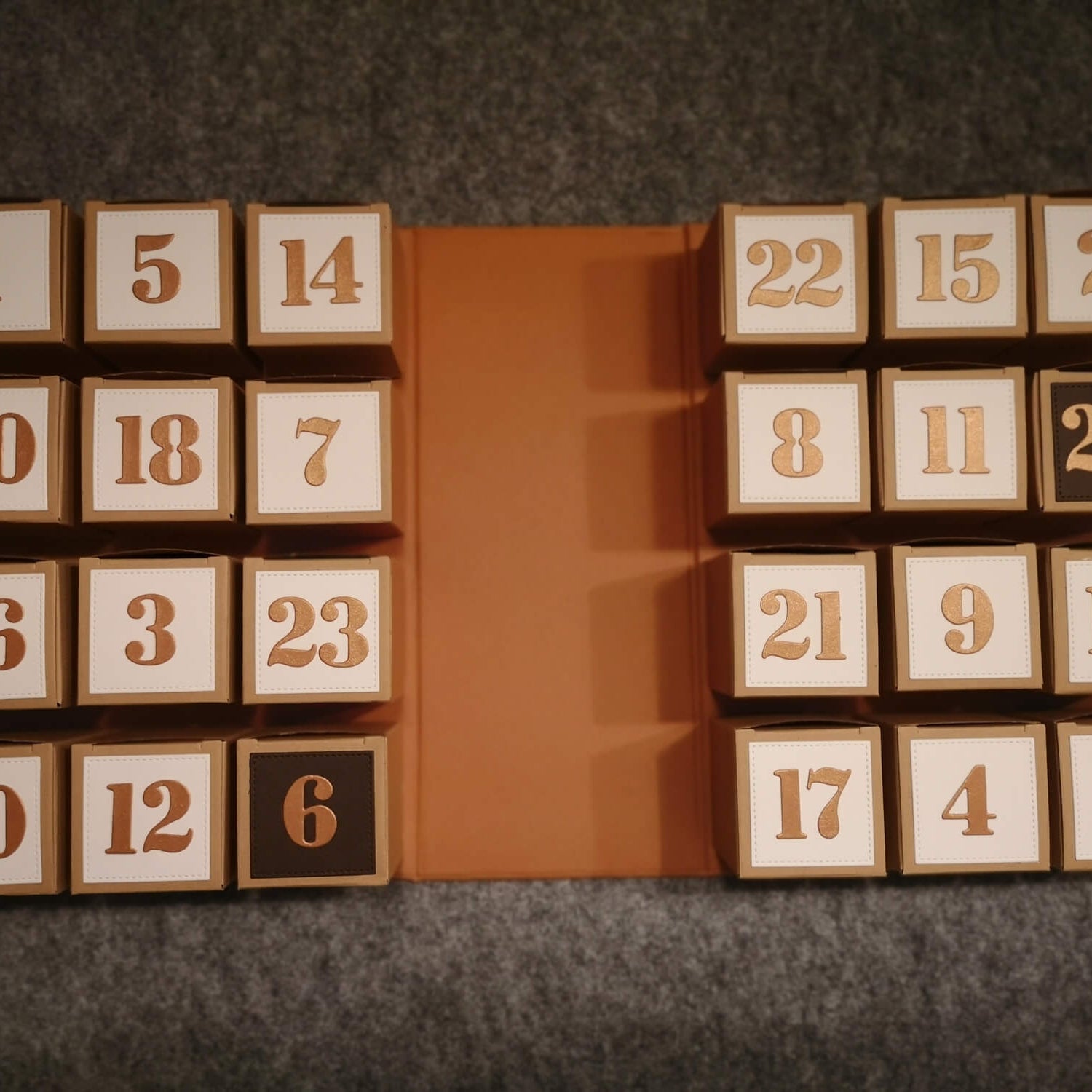 Die Stanzschablone: Zahlen 0 - 9 von Stanzenshop.de bietet 24 nummerierte Boxen in vier Sechserreihen, perfekt für Scrapbooking oder Basteln, dargestellt auf einer grauen Oberfläche mit braunem Hintergrund.