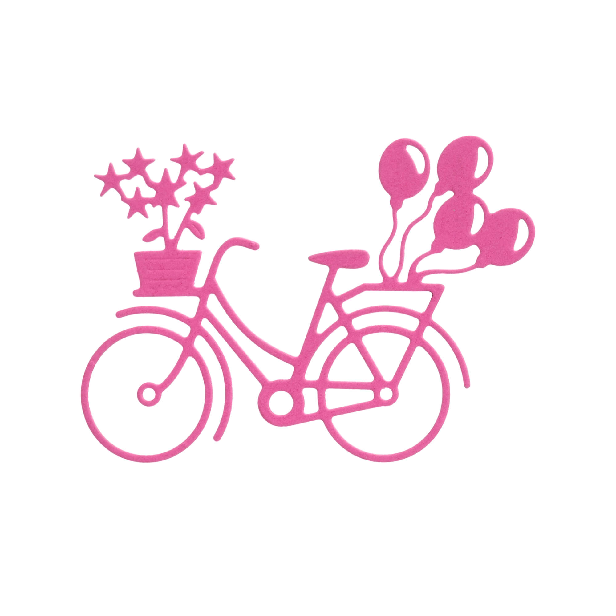 Die Stanzschablone Fahrrad mit Blumen von Stanzenshop.de zeigt ein rosa umrandetes Fahrrad mit einem Blumenkorb und Luftballons, ideal als Bastelergebnis für Scrapbooking oder in Kombination mit Ihrem Lieblings-Stanzwerkzeug auf weißem Hintergrund.
