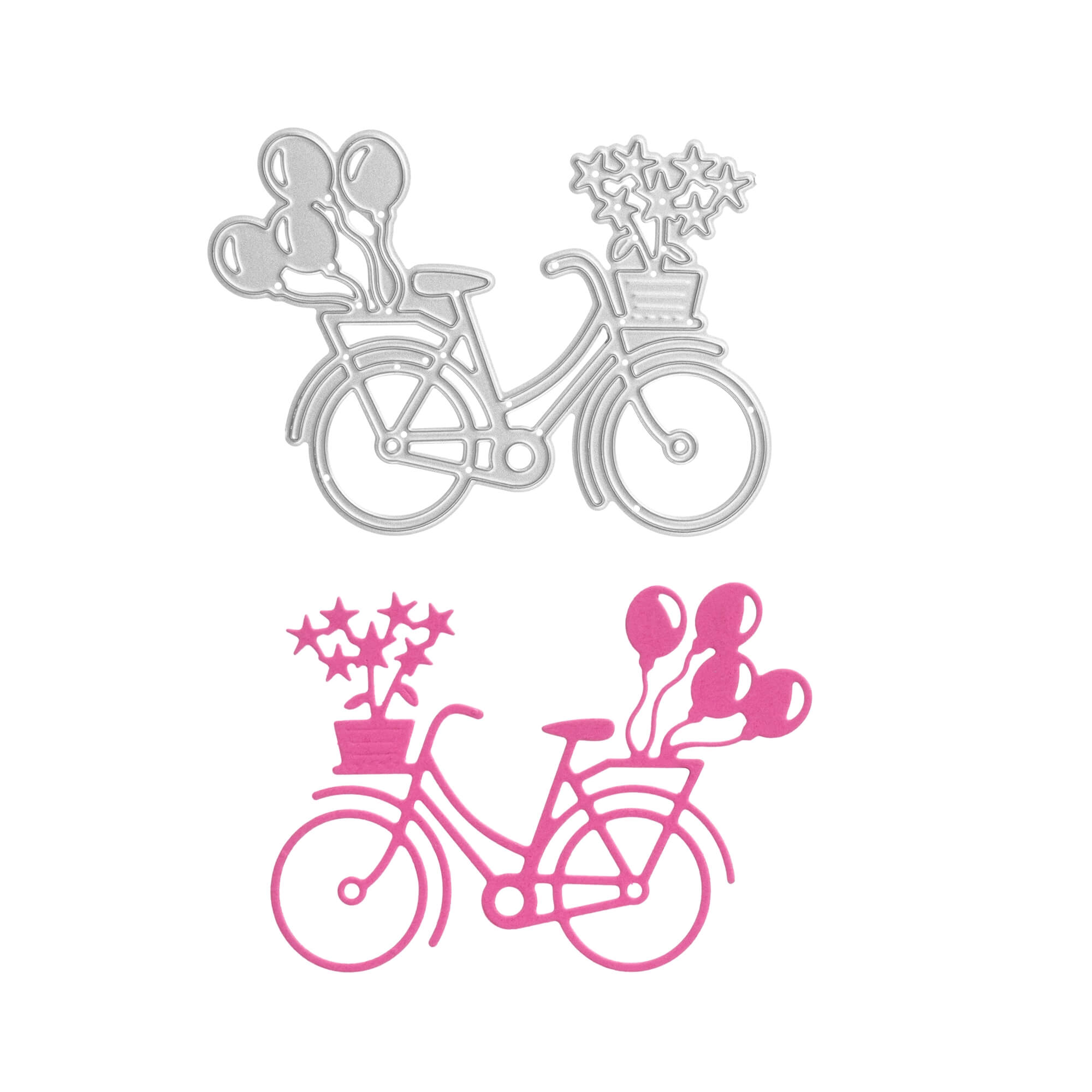 Die Stanzschablone Fahrrad mit Blumen von Stanzenshop.de enthält zwei Fahrradausschnitte - silber und rosa - mit sternförmigen Blumen in den Körben und Luftballons auf der Rückseite, ideal für charmante Scrapbooking-Akzente.