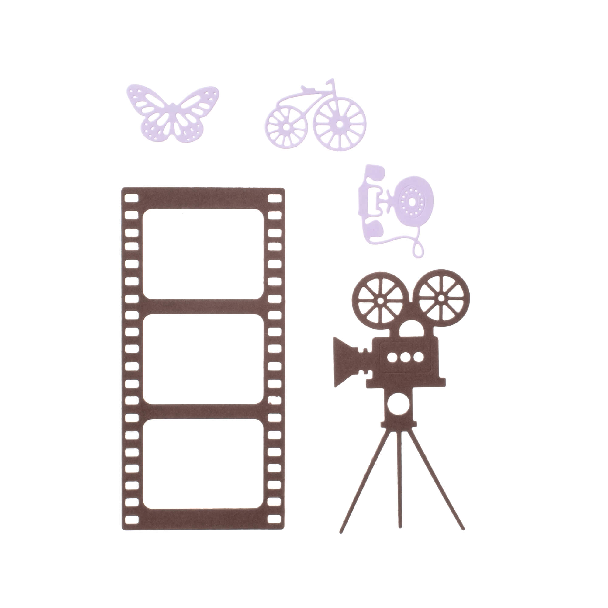 Die Stanzschablone Kamera und Filmset von Stanzenshop.de zeigt Ausschnitte eines Schmetterlings, eines Fahrrads, eines Retro-Telefons, eines Filmstreifens und einer alten Kamera - ideal für Scrapbooking oder Basteln auf weißem Hintergrund.