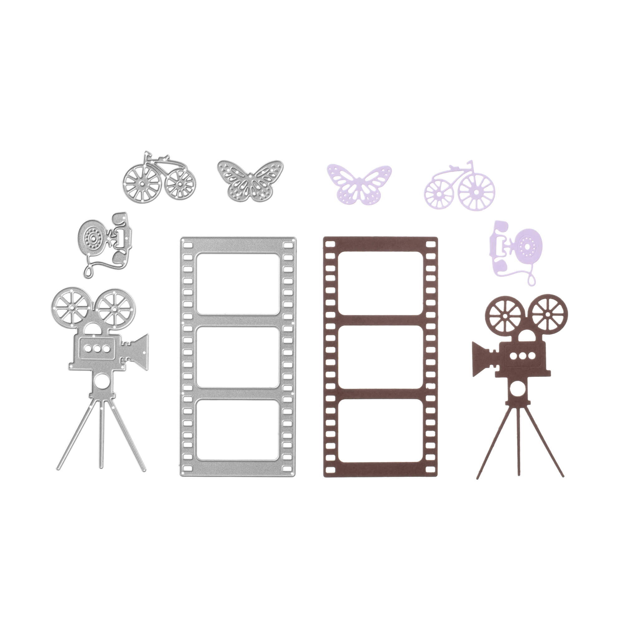 Die Stanzschablone Kamera und Filmset von Stanzenshop.de bietet Metall- und Papierausschnitte von alten Kameras, Filmstreifen, Fahrrädern und Schmetterlingen - ideal für Scrapbooking oder Basteln auf weißem Hintergrund.