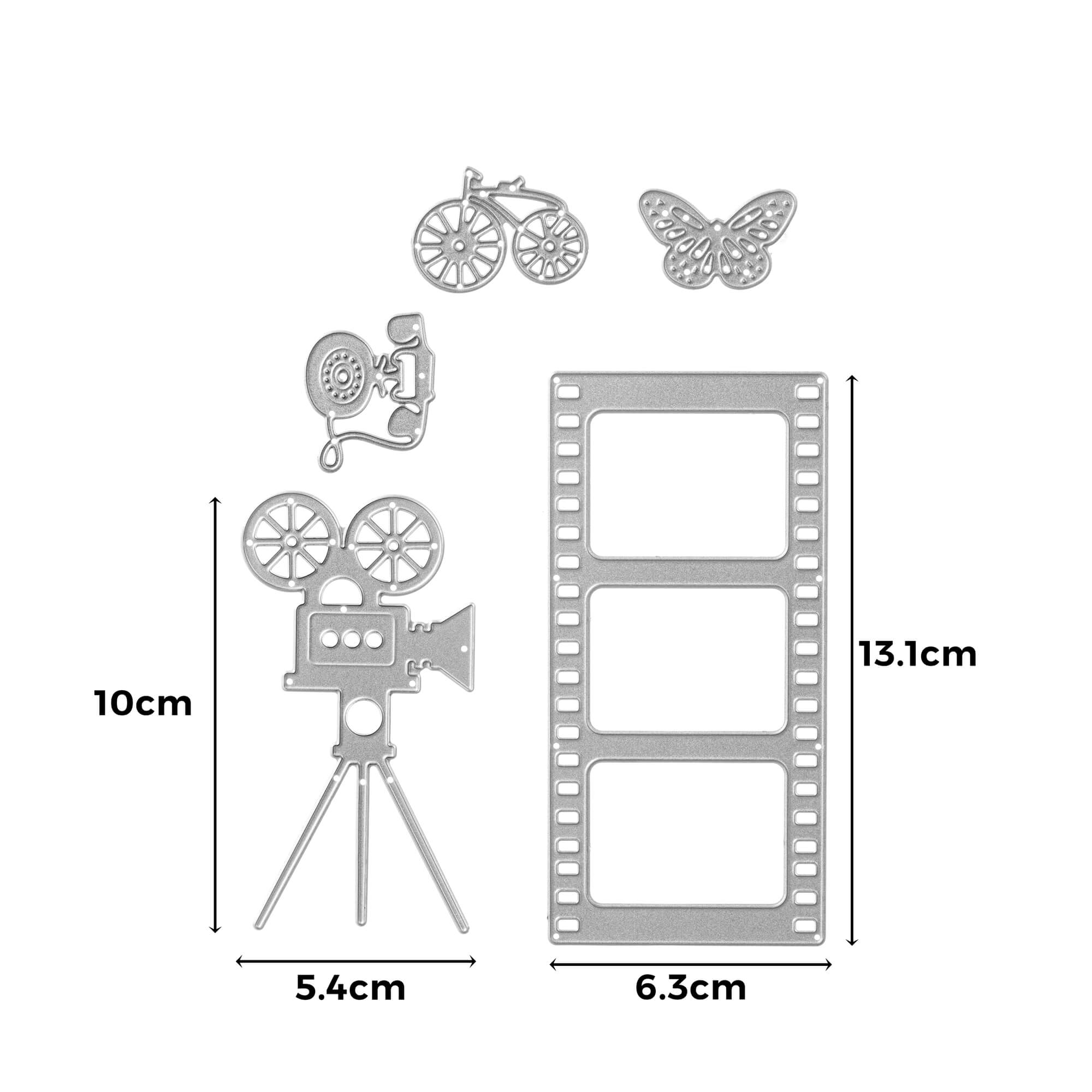 Die Stanzenschablone Kamera und Filmset von Stanzenshop.de bietet Vintage-Kamera-, Filmstreifen-, Fahrrad- und Schmetterlingsmotive in den Größen 13,1 cm x 6,3 cm und 10 cm x 5,4 cm - ideal für Scrapbooking- und Bastel-Kreativprojekte.