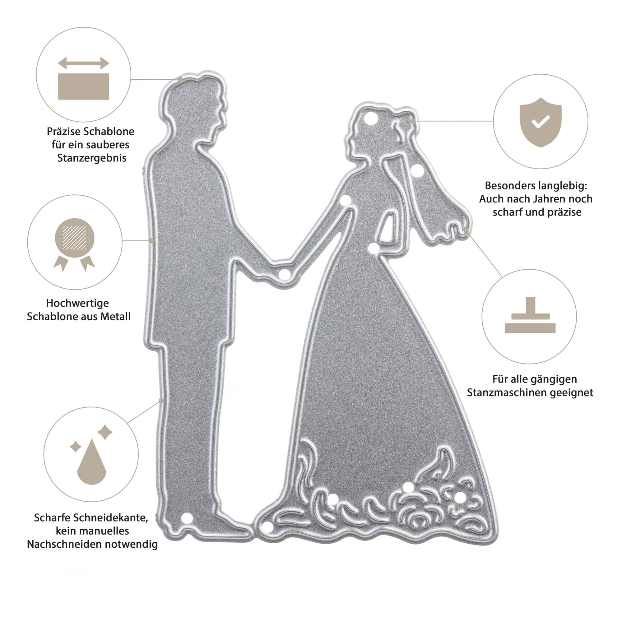 Die Stanzschablone Brautpaar von Stanzenshop.de: eine Metall-Stanzform mit Braut und Bräutigam Hand in Hand - ideal für kreative Hochzeitskarten und Einladungen, inklusive vier deutscher Icons zu den Produktmerkmalen.