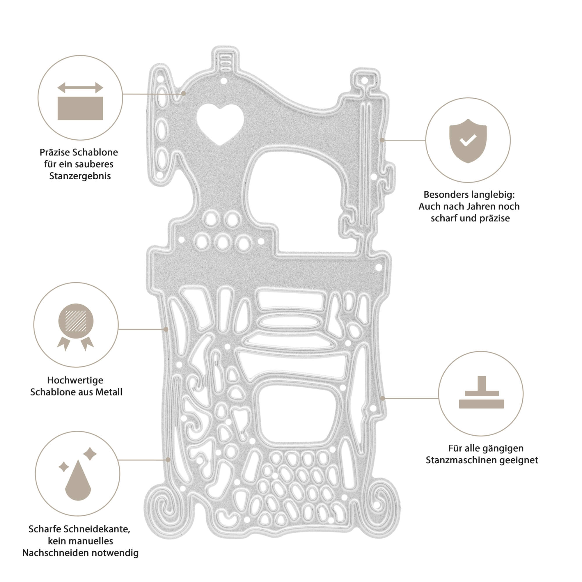 Die Stanzschablone Nähmaschine auf einem Tisch von Stanzenshop.de ist eine silberne Metallschablone im Vintage-Nähmaschinen-Design - präzise, langlebig und kompatibel, ideal für Basteln und kreative Projekte.