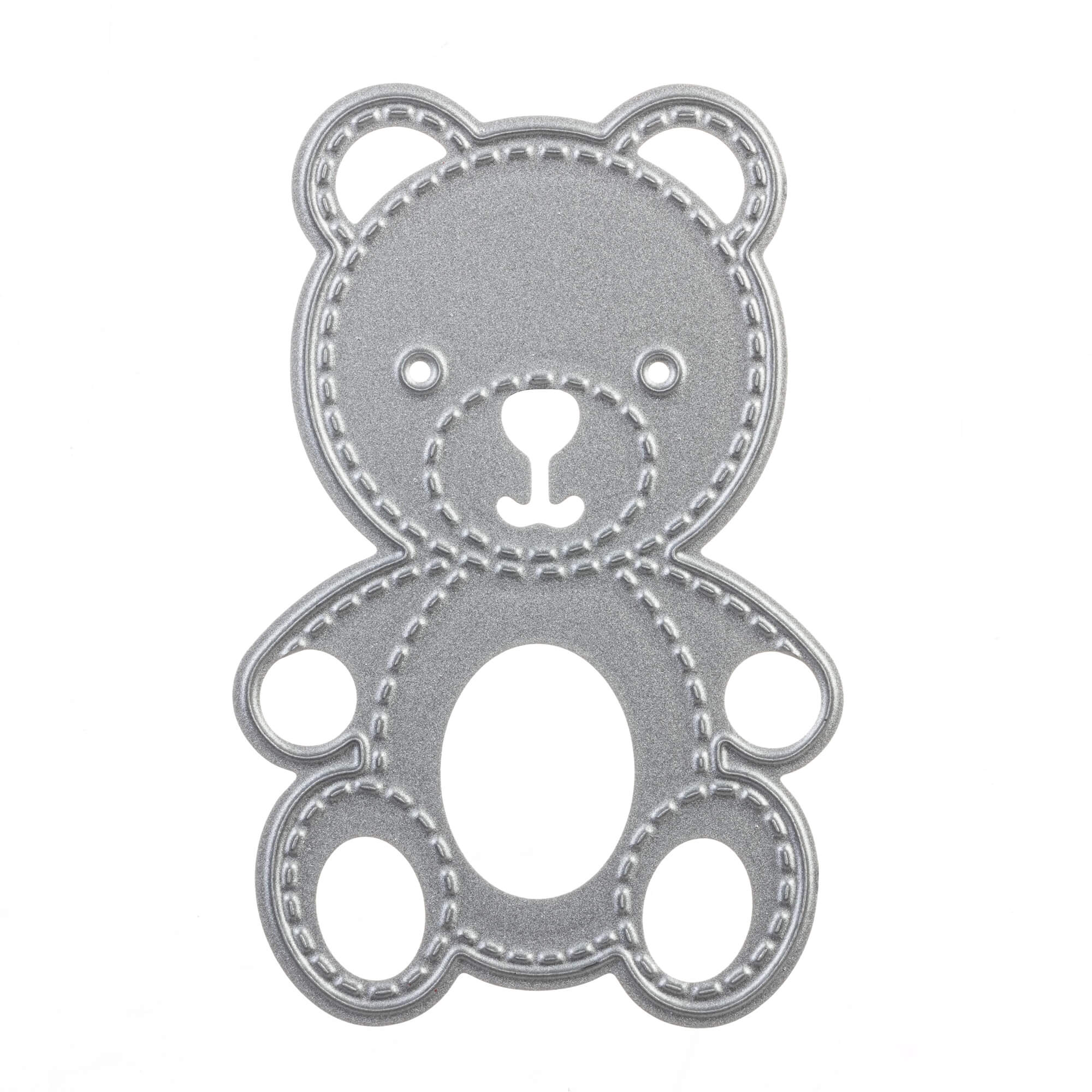 Die Stanzschablone Teddybär von Stanzenshop.de ist eine Metallic-Stanzform in Teddybärform mit gestickten Details, Augenlöchern und großen Ausschnitten - ideal für Basteln und Scrapbooking-Projekte.