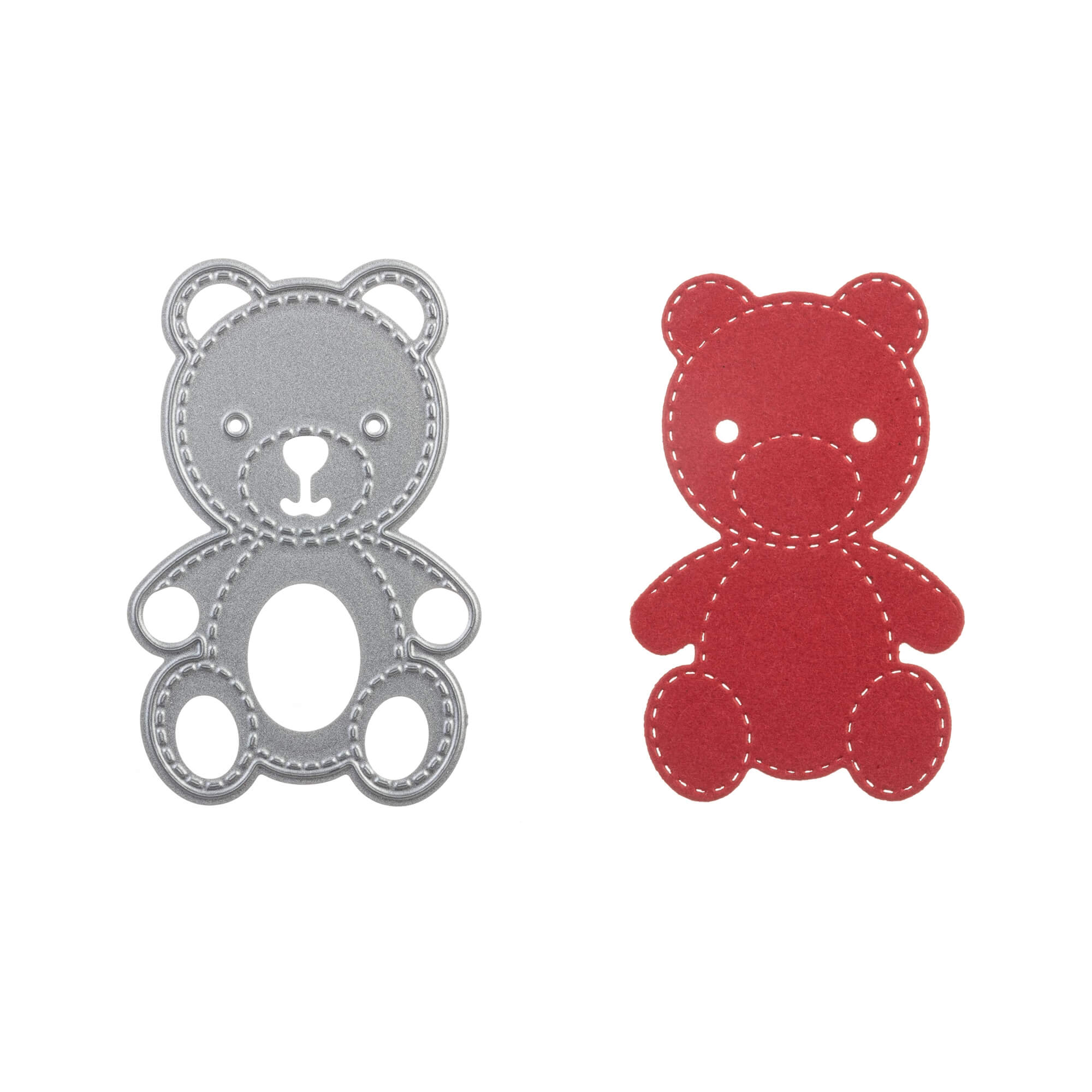 Auf weißem Hintergrund ist links die Stanzschablone Teddybär von Stanzenshop.de zu sehen und rechts ein roter Filzbär in Form eines Ausschnitts mit abgesteppten Rändern - ideal für Scrapbooking- oder Bastelprojekte.