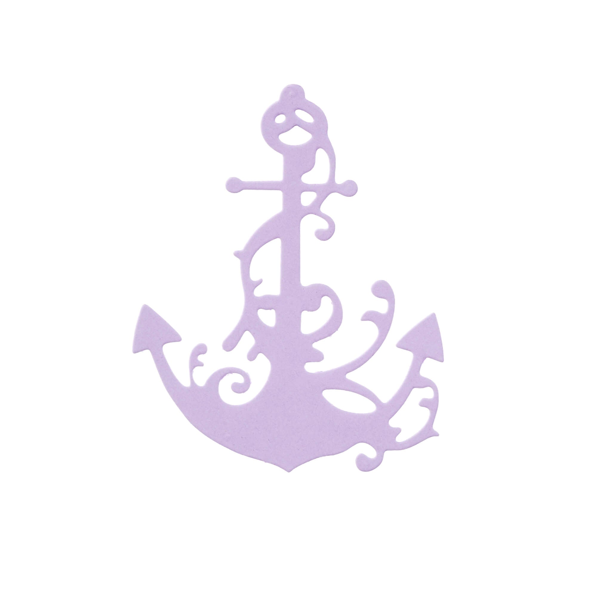 Die Stanzenshop.de "Stanzschablone Anker mit Verschnörkelung" ist eine lilafarbene Ankersilhouette mit detaillierten Aussparungen, ideal für Scrapbooking oder als dekorative Stanzschablone, abgebildet auf weißem Hintergrund.