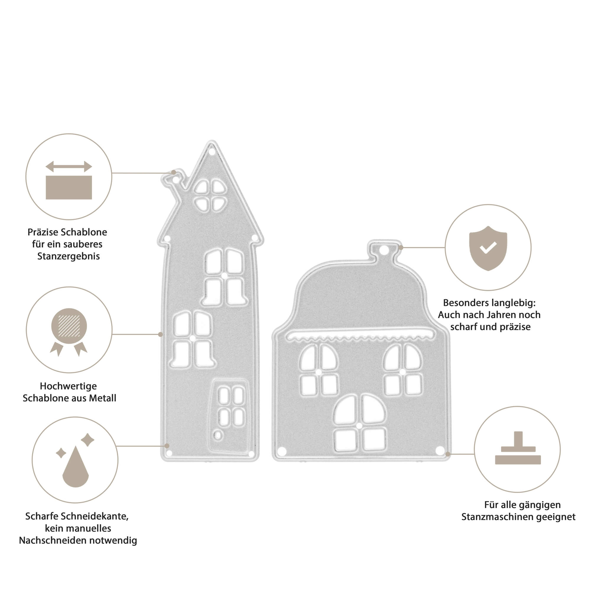 Stanzenshop.de's "Stanzschablone: Zwei verschiedene Häuser" zeigt zwei hochwertige Metallschablonen in Hausform, bekannt für Präzision, Langlebigkeit und Kompatibilität mit gängigen Stanzmaschinen - perfekt fürs kreative Basteln.