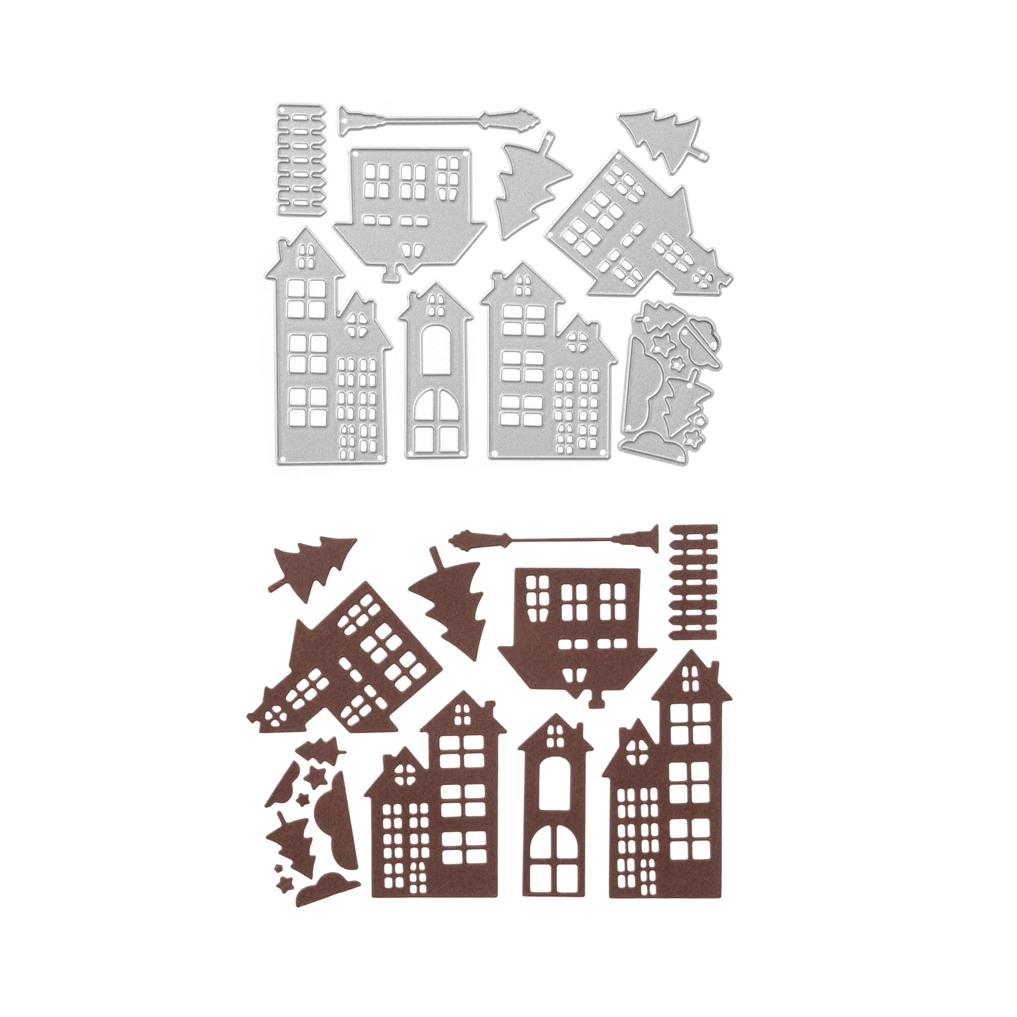 Zwei Sets der gestanzten Stanzschablone Fünf verschiedene Häuser mit Zubehör von Stanzenshop.de-ein silbernes, ein braunes-enthalten Hausformen, Bäume, Pfeile und Zubehör für Basteln und Scrapbooking, angeordnet auf weißem Hintergrund.