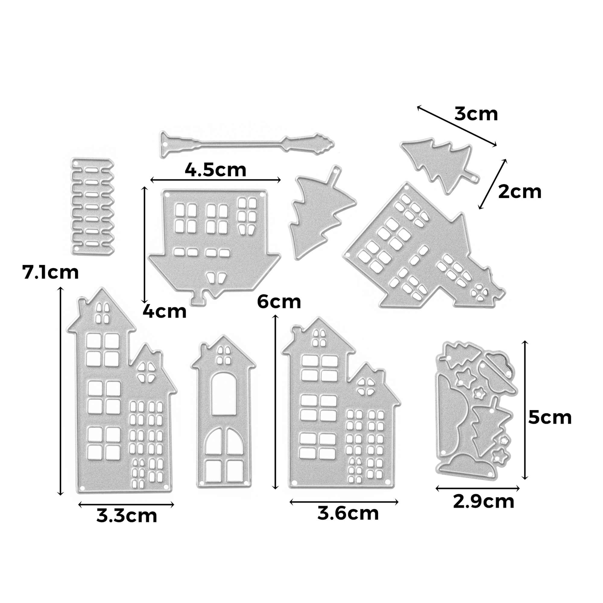 Die Stanzschablone Fünf verschiedene Häuser mit Zubehör von Stanzenshop.de bietet hausförmige Metallstanzformen mit Maßangaben in cm - ideal zum Basteln und Scrapbooking mit Ihrer bestehenden Stanzschablone-Kollektion.