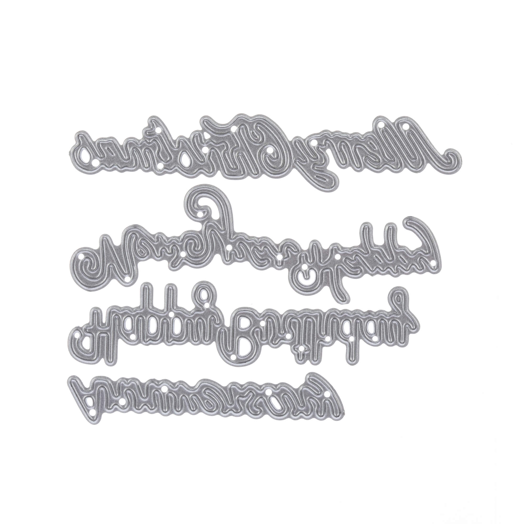 Vier silberne Stanzenschablonen von Stanzenshop.de mit kursiven Wörtern - Frohe Weihnachten, Happy Birthday, Anniversary, Happy Newyear - sind auf einem weißen Hintergrund angeordnet, ideal für Karten gestalten oder Basteln Weihnachten.