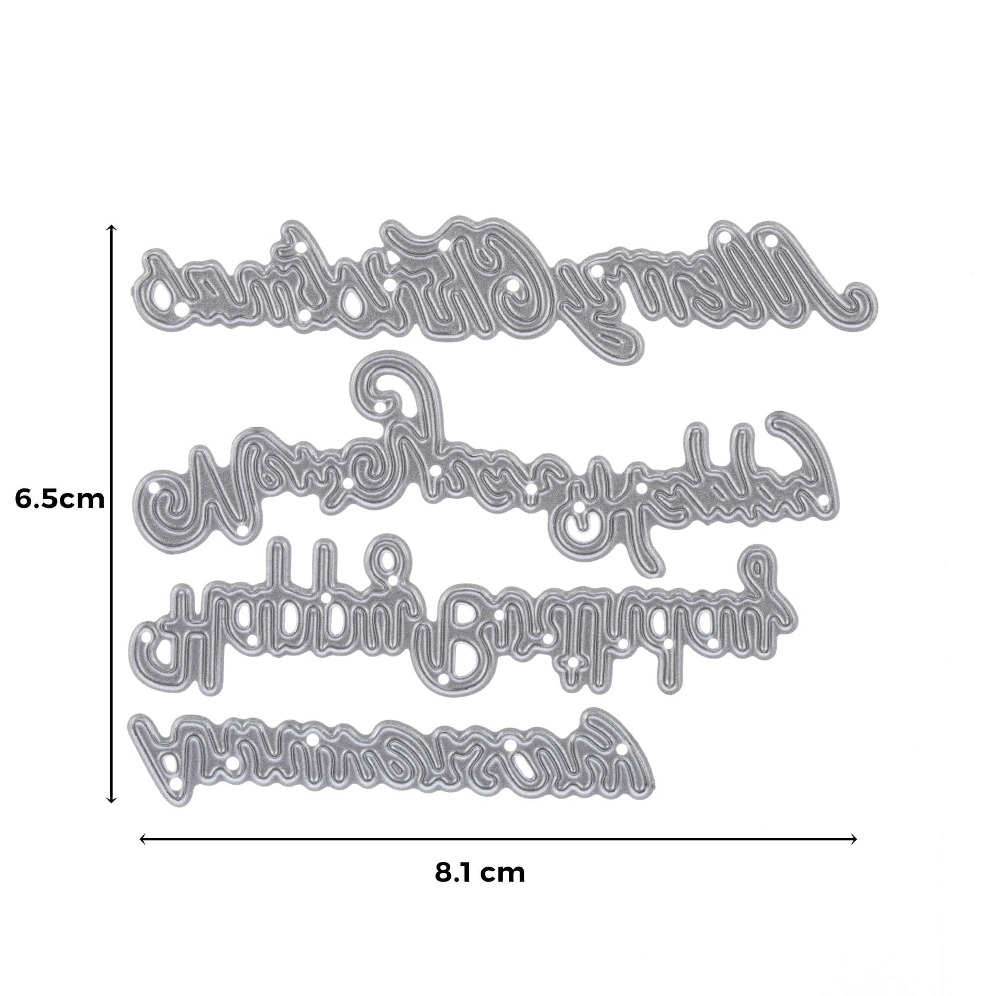 Die Stanzschablone "Vier Schriftzüge" von Stanzenshop.de enthält Metallic-Stanzformen: Merry Christmas, Happy Birthday, Anniversary, Happy Newyear (je 6,5 x 8,1 cm), ideal für Karten gestalten oder Basteln Weihnachten.