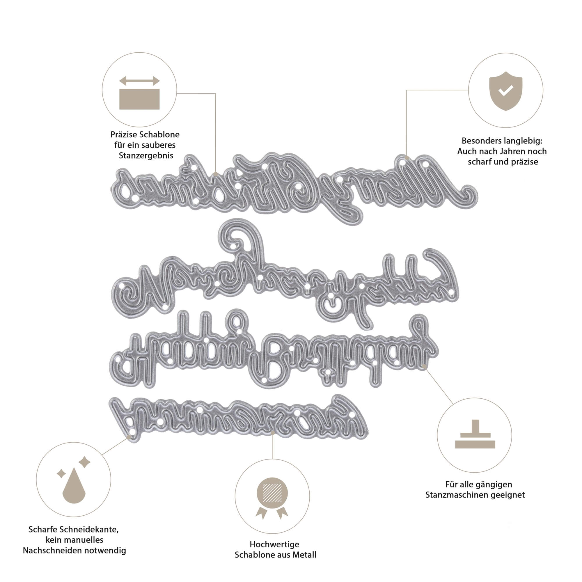 Vier metallische Stanzschablonen von Stanzenshop.de zeigen "Frohe Weihnachten", "Happy Birthday", "Jubiläum" und "Happy Newyear" in Schreibschrift, die aufgrund ihrer Haltbarkeit, Schärfe und Eignung für Stanzmaschinen hervorgehoben werden.
