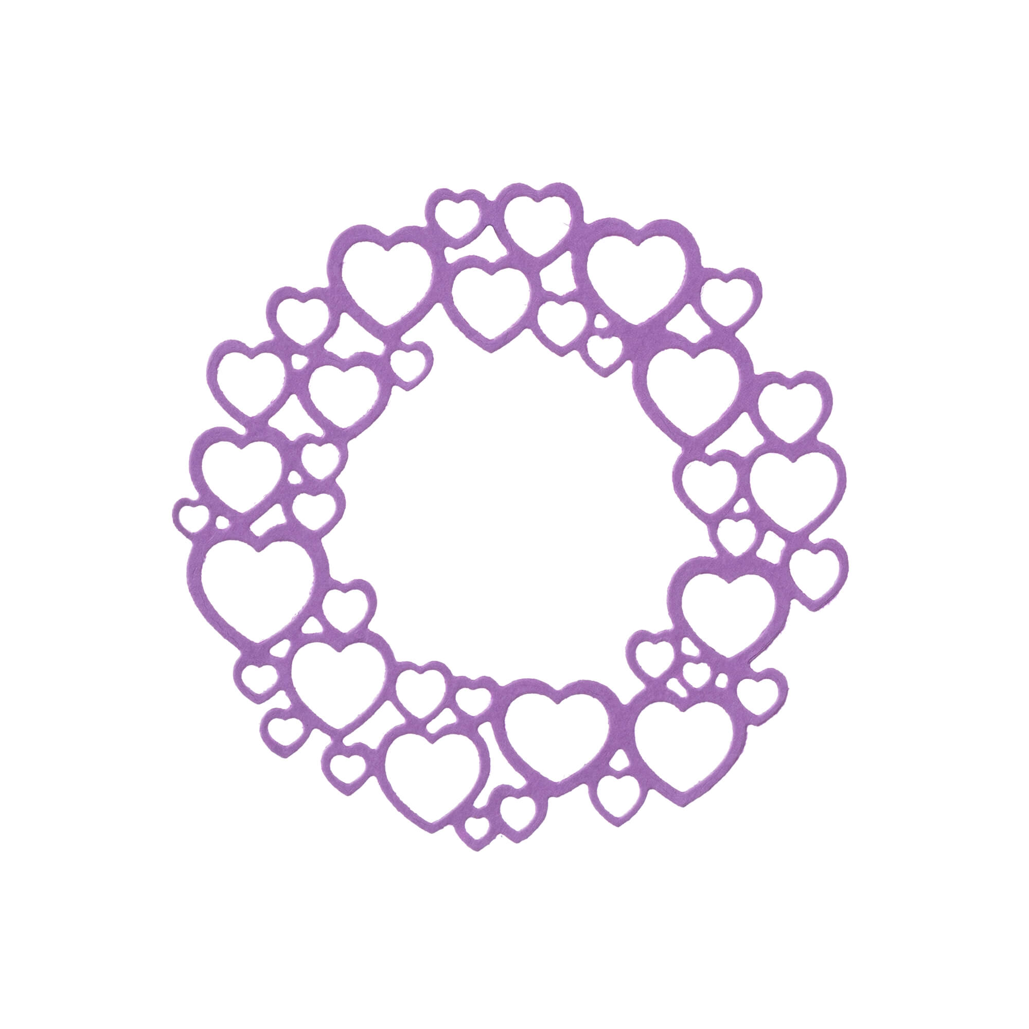 Die Stanzschablone Kreis aus Herzen von Stanzenshop.de ist ein kreisförmiger Kranz aus miteinander verbundenen lila Herzen mit einer leeren Mitte, ideal zum Basteln oder Scrapbooking, abgebildet auf weißem Hintergrund.