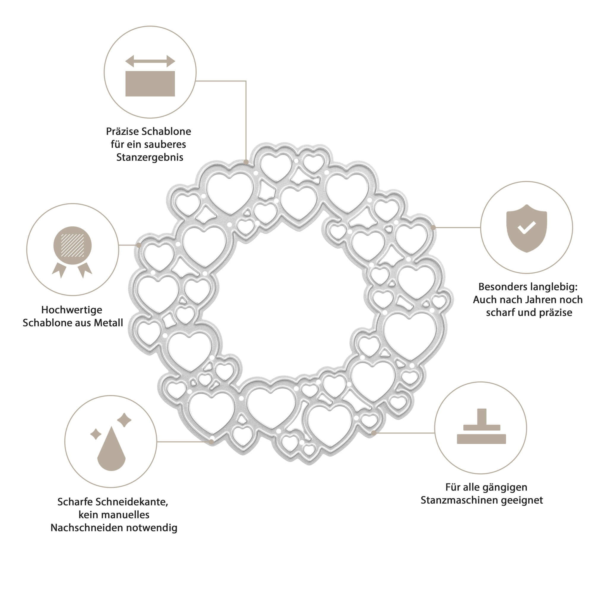Die Stanzschablone Kreis aus Herzen von Stanzenshop.de ist eine präzise, langlebige Metallstanze in einem Kreis aus Herzen, perfekt für Scrapbooking und Basteln. Mit deutschem Text/Icons, scharfer Kante, hoher Qualität und breiter Kompatibilität.