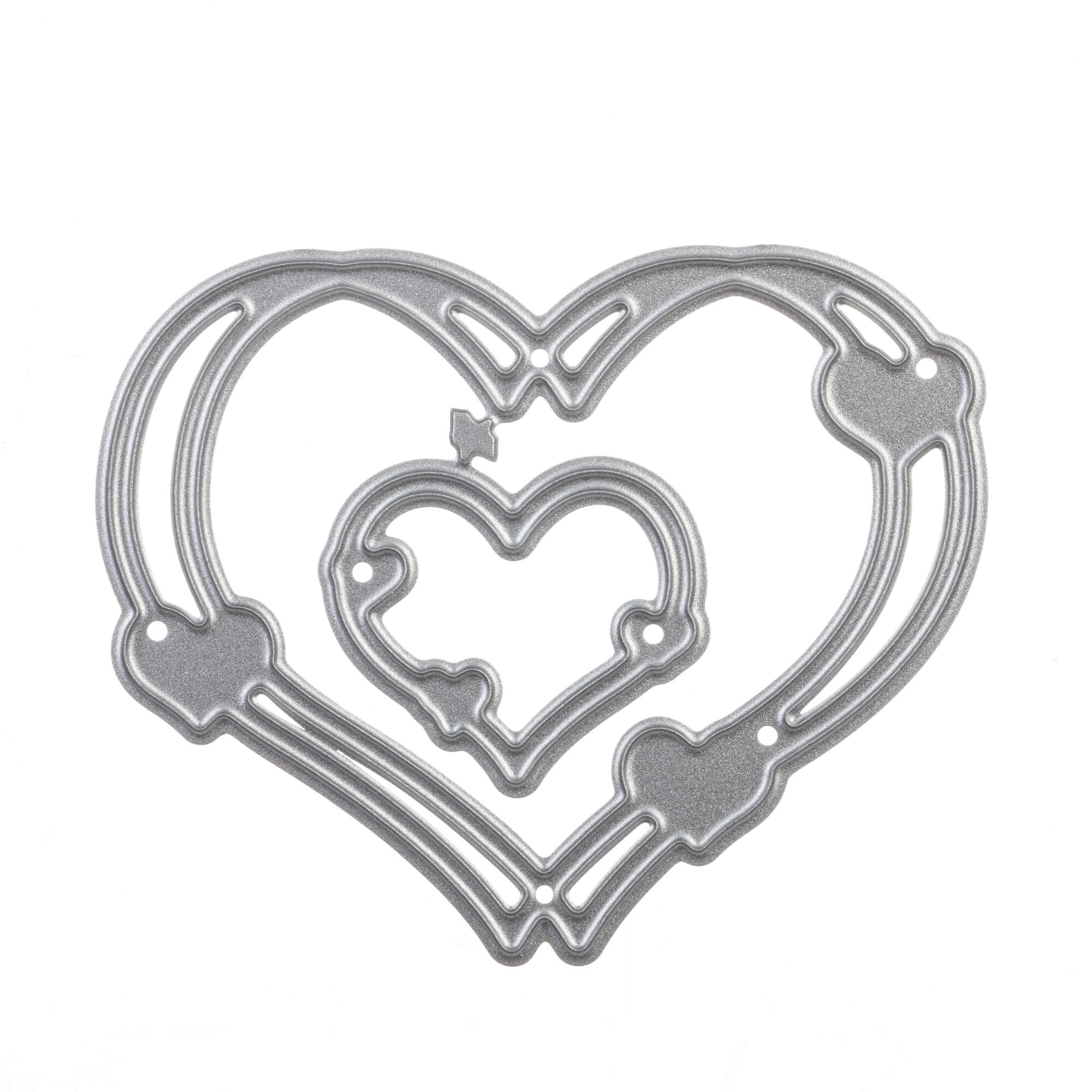 Stanzenshop.de Stanzschablone: Herzkreise in zwei Größen-silberne, überlappende Herzen mit runden Akzenten auf Weiß, ideal für Basteln Karten und kompatibel mit vielen Stanzschablonen-Systemen.