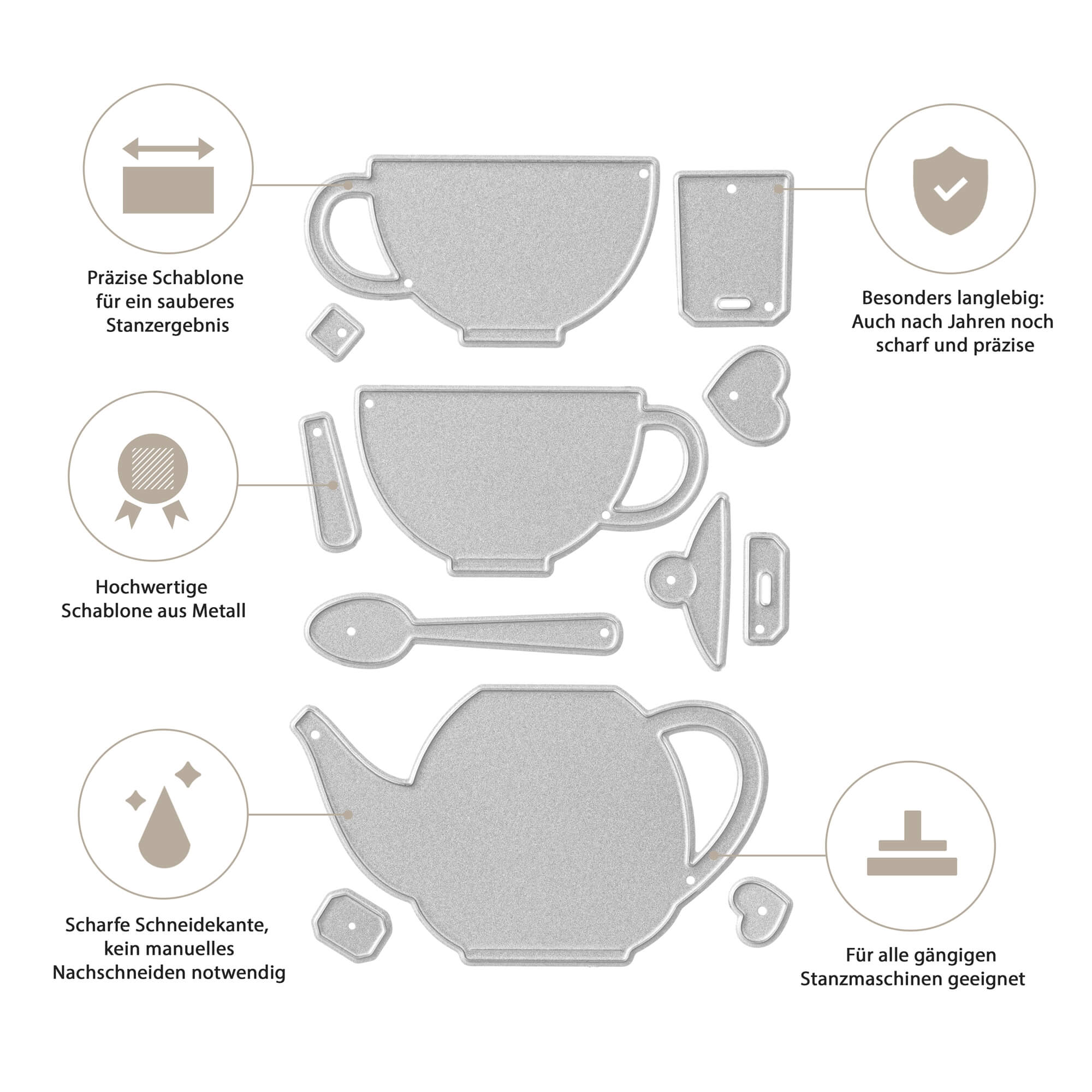 Stanzschablone Teetassen und Teekanne von Stanzenshop.de: Schneideset mit Tassen-, Kannen-, Löffel- und Herzmotiven sowie deutschem Text. Scharfe, langlebige Ränder - ideal für Bastelbedarf und kompatibel mit den meisten Stanzmaschinen.