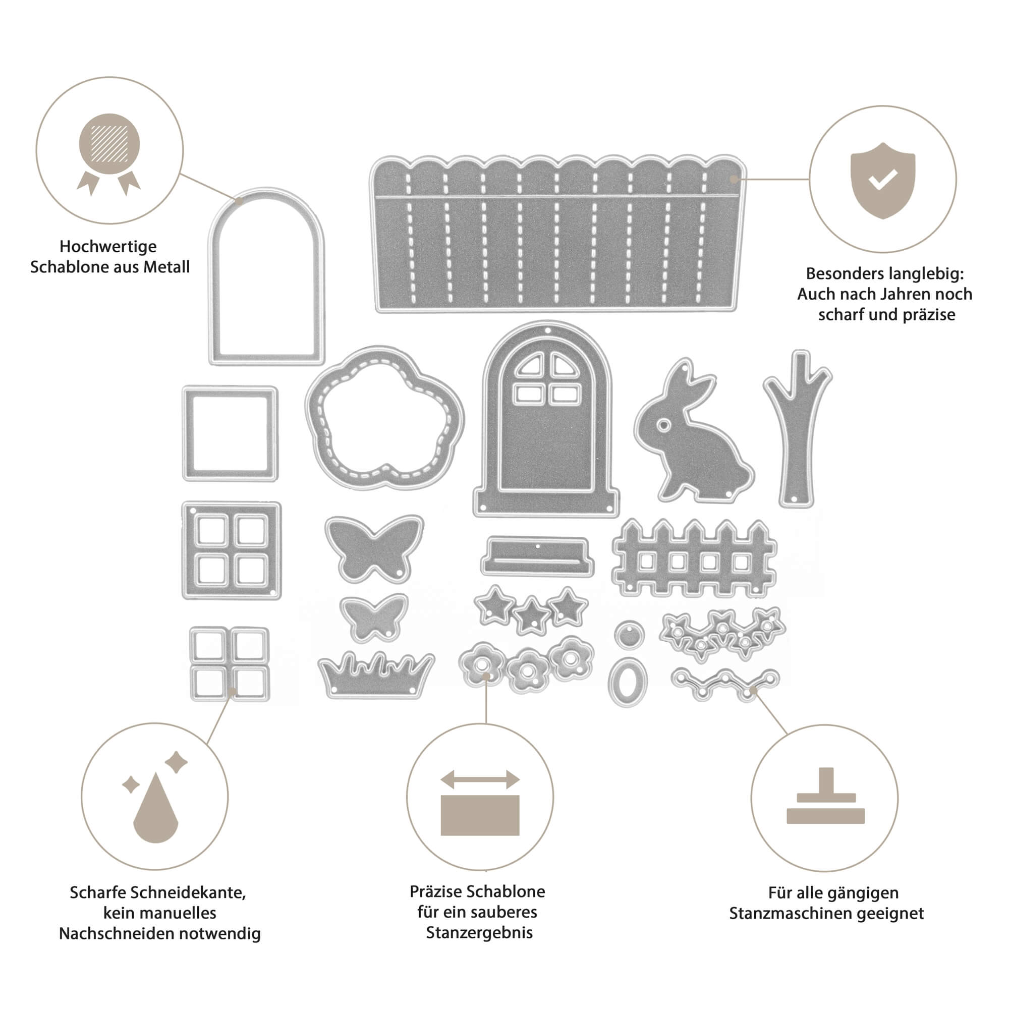 Die Stanzenshop.de Stanzschablone: Osterset enthält Metallschablonen in Formen wie Tor, Hase, Baum, Zaun, Blumen und Schmetterlinge - ideal für Ostern Basteln. Deutsche Produktbeschreibungen heben die wichtigsten Eigenschaften hervor.
