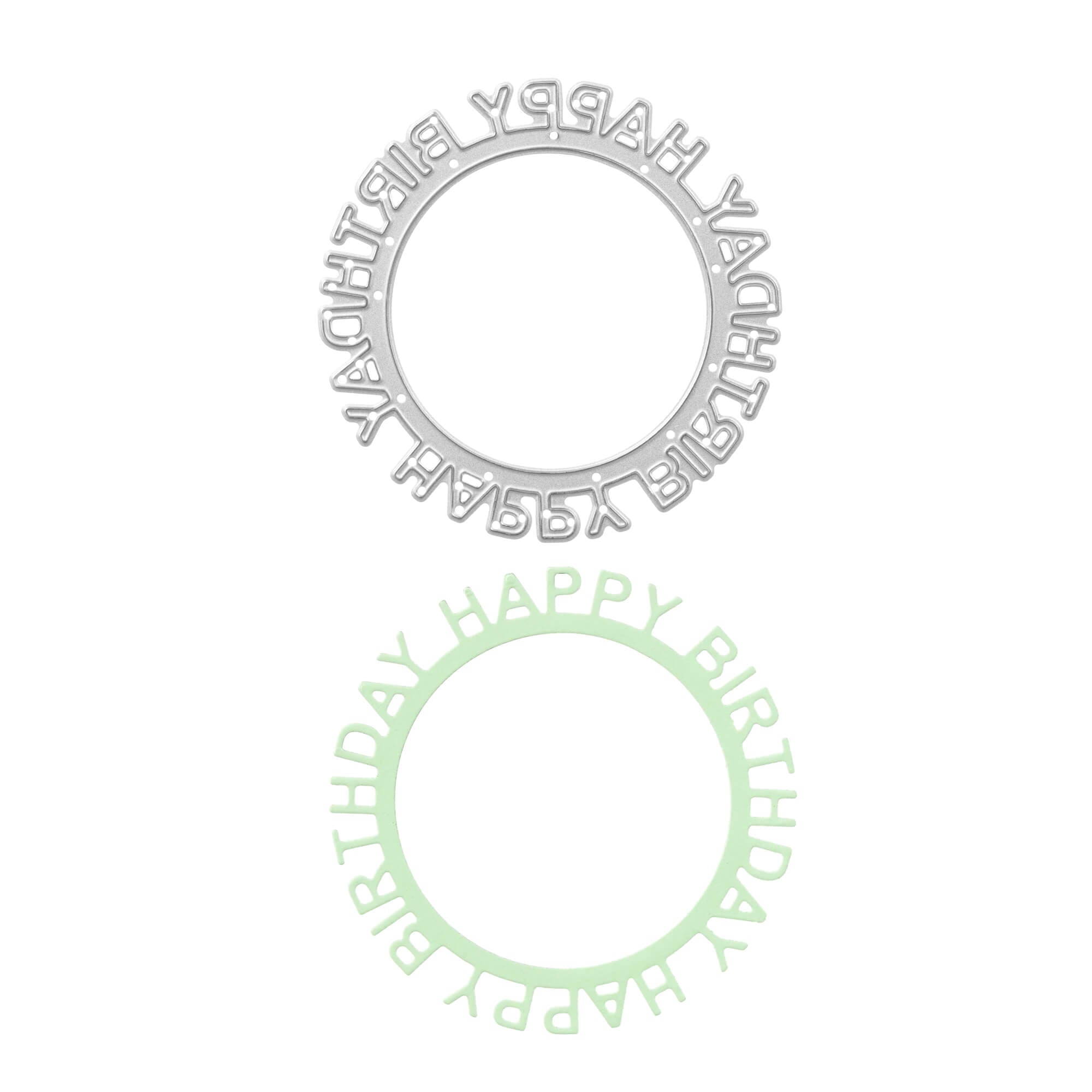 Die Stanzschablone Happy Birthday auf rundem Schriftzug von Stanzenshop.de besteht aus zwei runden Rahmen mit "HAPPY BIRTHDAY"-Ausschnitten in Silber und Hellgrün - perfekt für Scrapbooking, Kartengestaltung oder Geburtstagsprojekte.