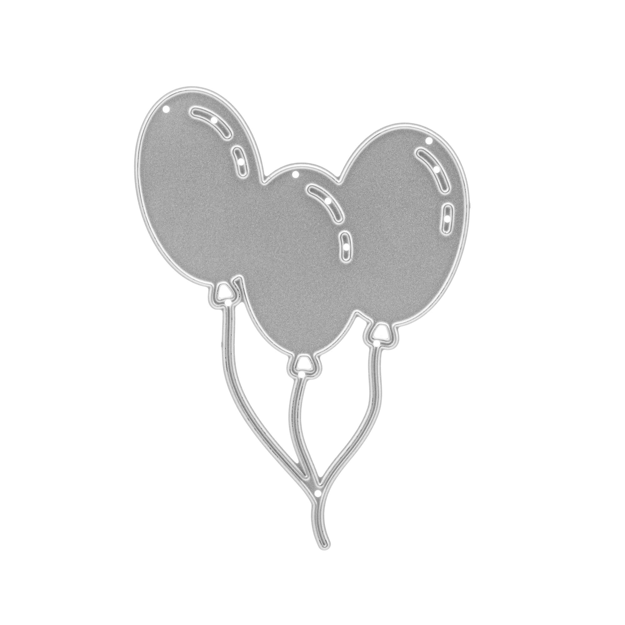 Ein grauer Umriss von drei Luftballons mit Schnüren auf weißem Hintergrund - ideal zum Basteln oder für Geburtstagskarten mit der Stanzschablone Drei Luftballons von Stanzenshop.de.