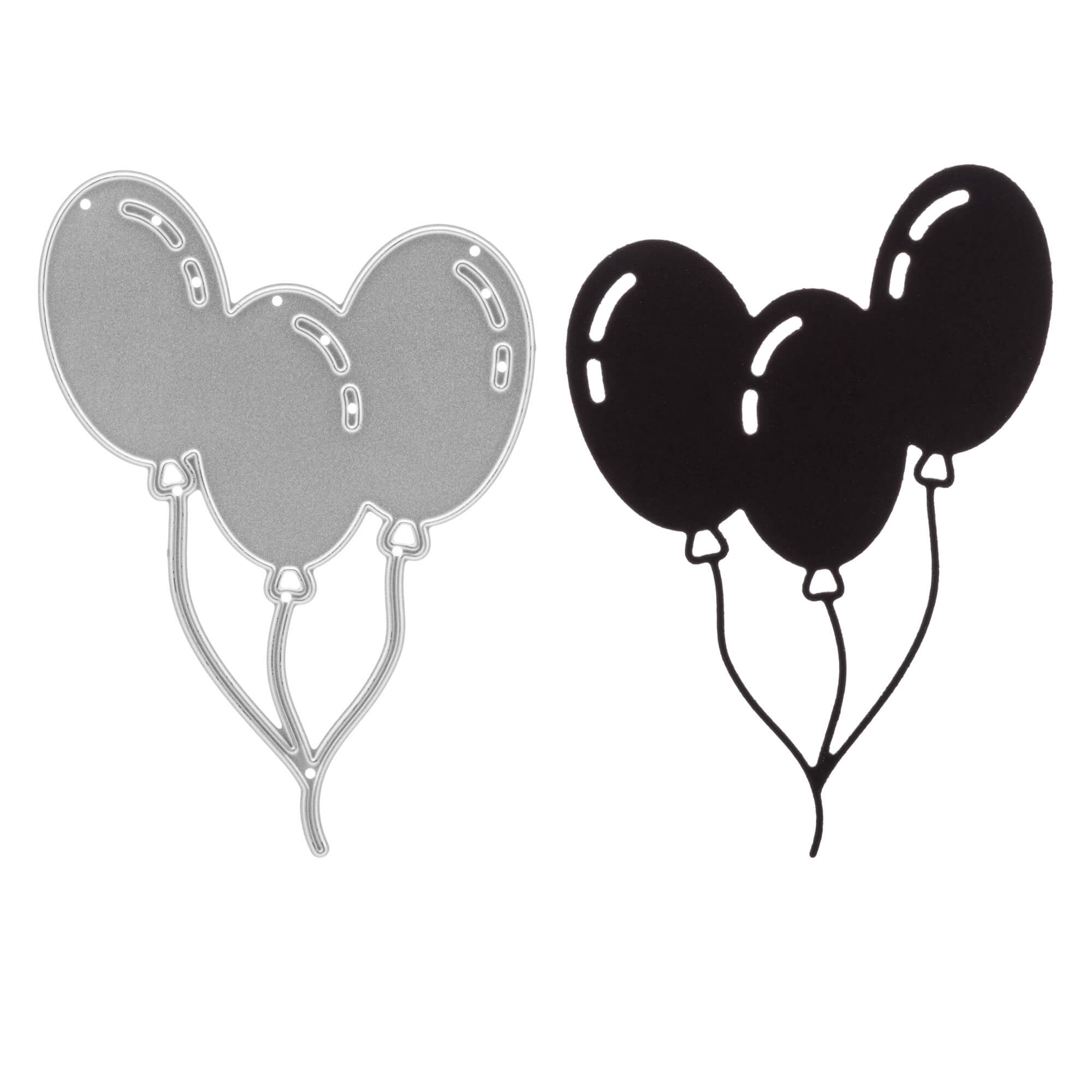 Die Stanzschablone Drei Luftballons von Stanzenshop.de zeigt silberne Umrisse und schwarze Ballon-Silhouetten nebeneinander - perfekt zum Basteln oder für Geburtstagskarten mit der Luftballon-Stanzschablone.