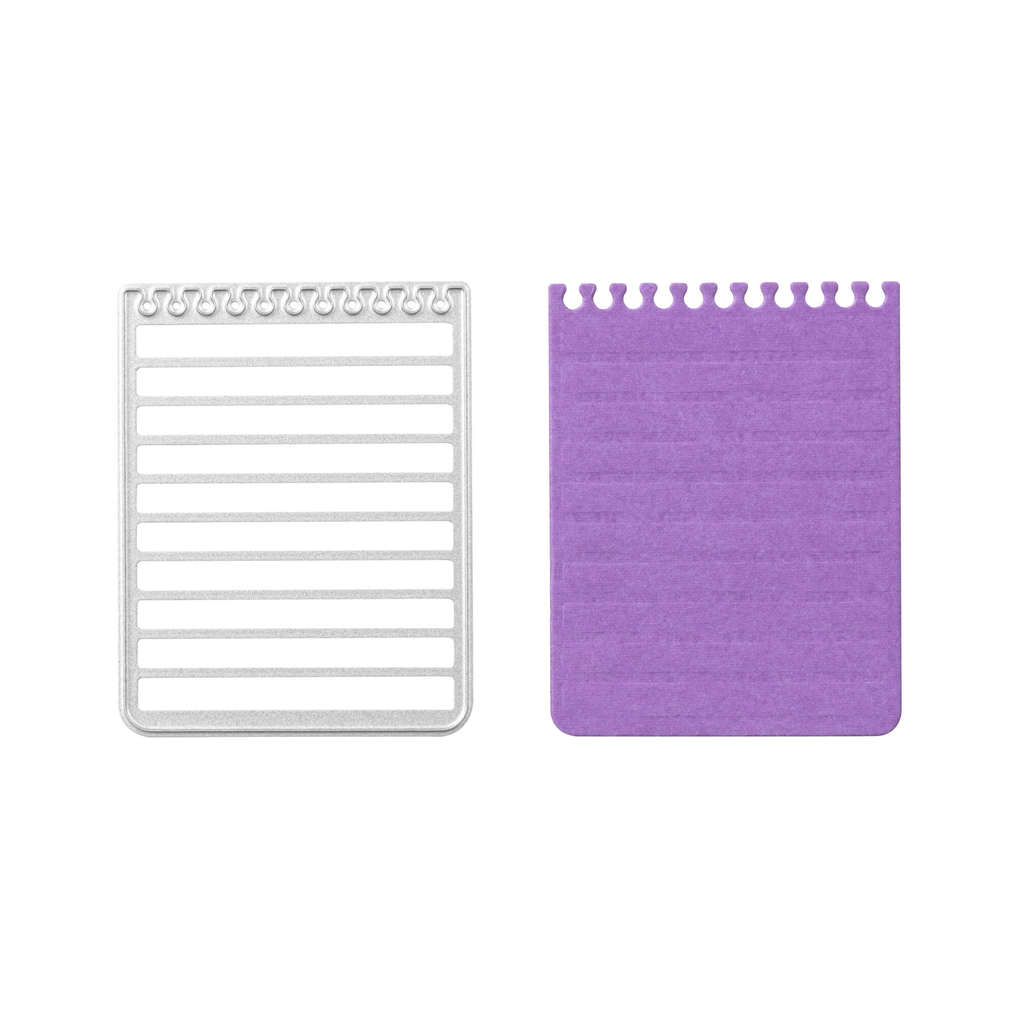 Die Stanzschablone Notizblock von Stanzenshop.de, geformt wie ein Notizblock mit horizontalen Linien, wird neben einem lila Bastelergebnis präsentiert - ideal, um Ihren Scrapbooking-Projekten kreatives Flair zu verleihen.