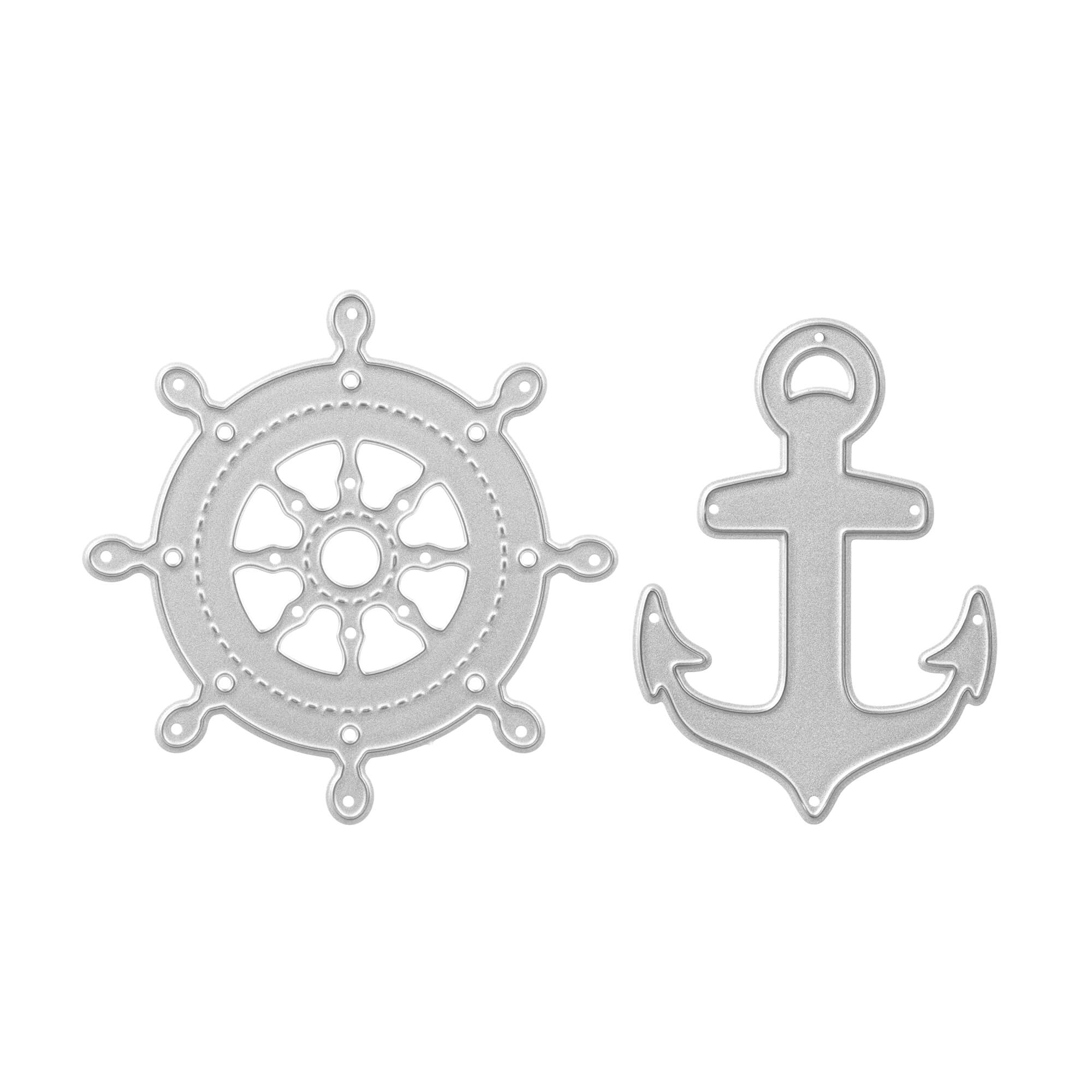Die Stanzschablone Anker und Steuerrad von Stanzenshop.de zeigt metallische Anker- und Steuerradmotive, isoliert auf Weiß - ideal als Scrapbookingstempel für kreative Projekte.